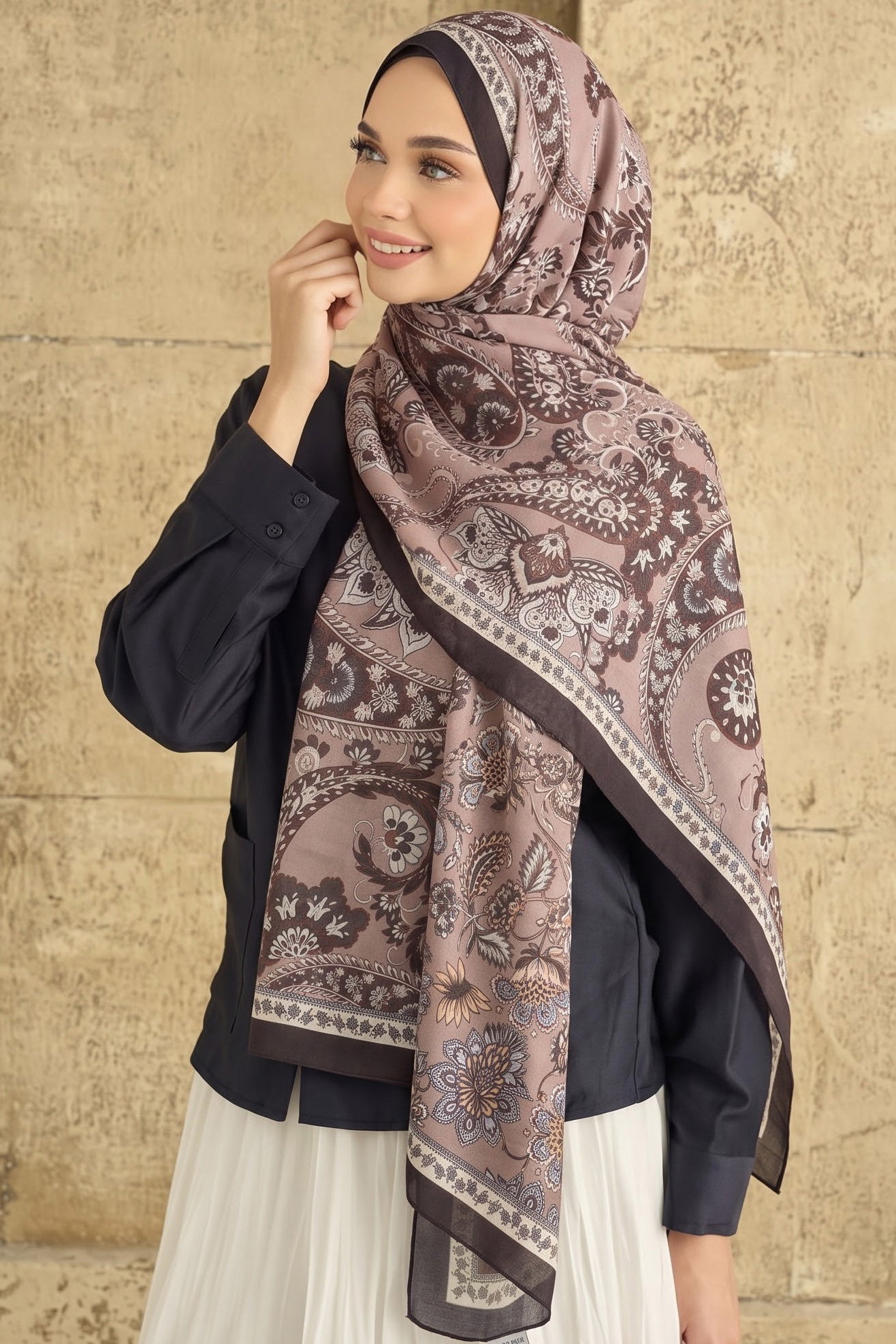 Etnik Desen Pamuklu Şal Kahve - 28683-KAHVE - 1