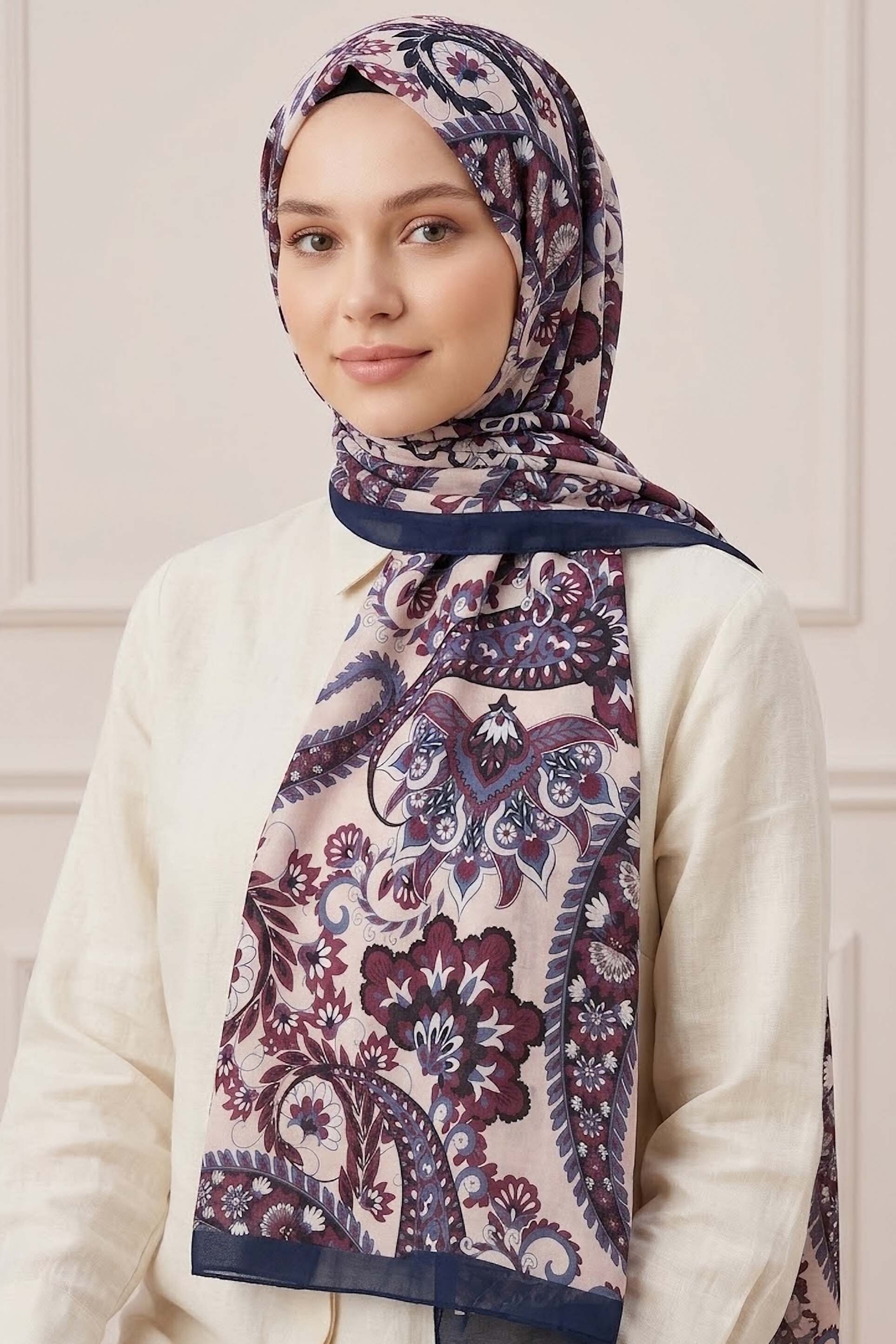 Etnik Desen Pamuklu Şal Lacivert - 28683-LACIVERT - 1