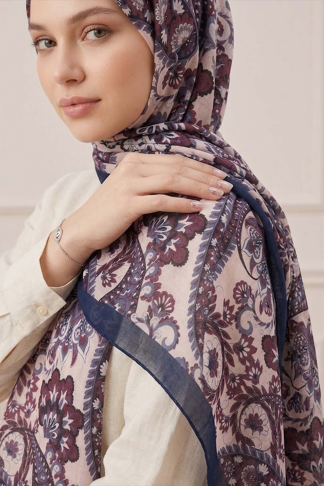 Etnik Desen Pamuklu Şal Lacivert - 28683-LACIVERT - 2