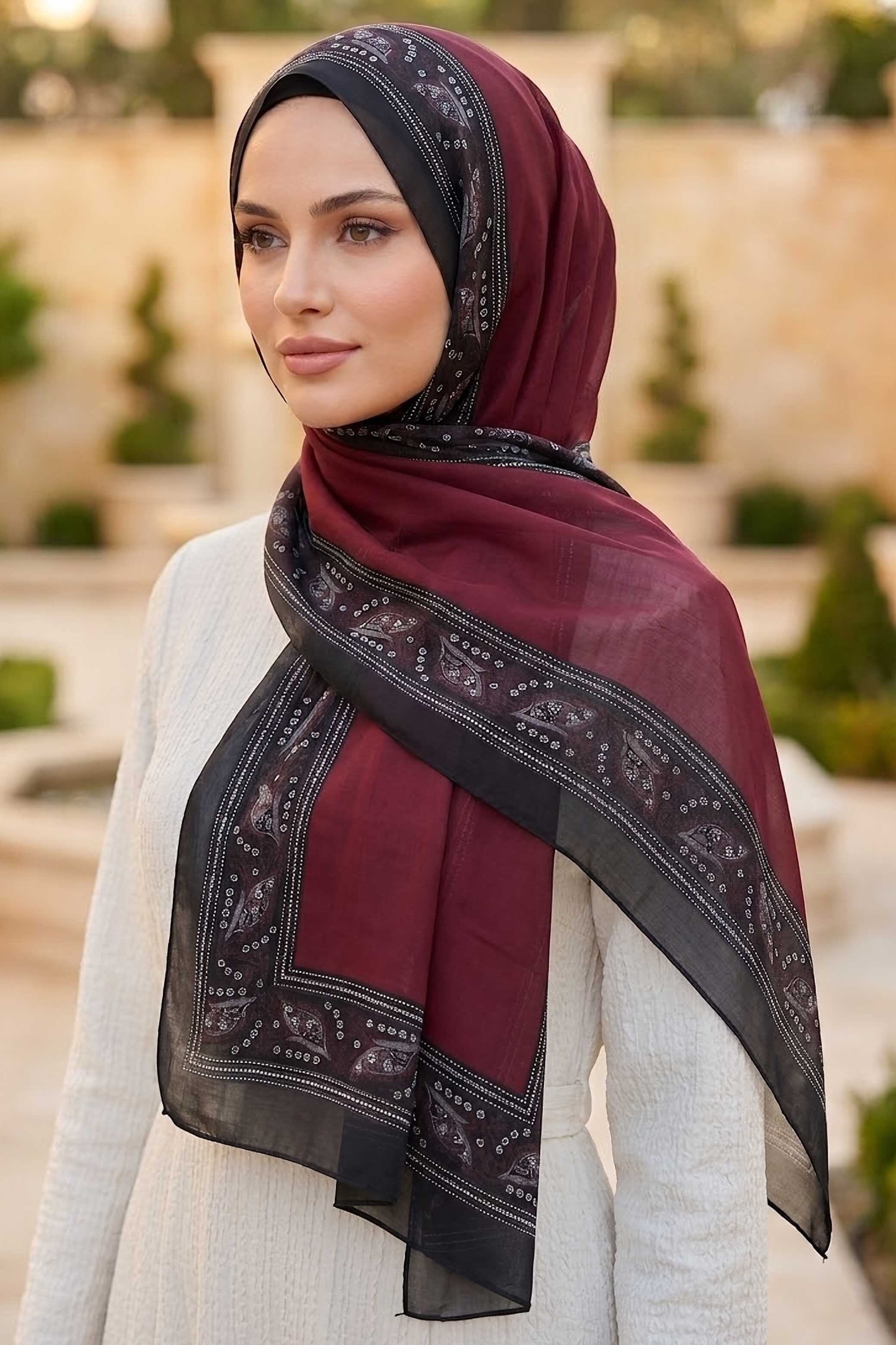 Etnik Desen Şeritli Pamuk Şal Bordo - 28672-BORDO - 1