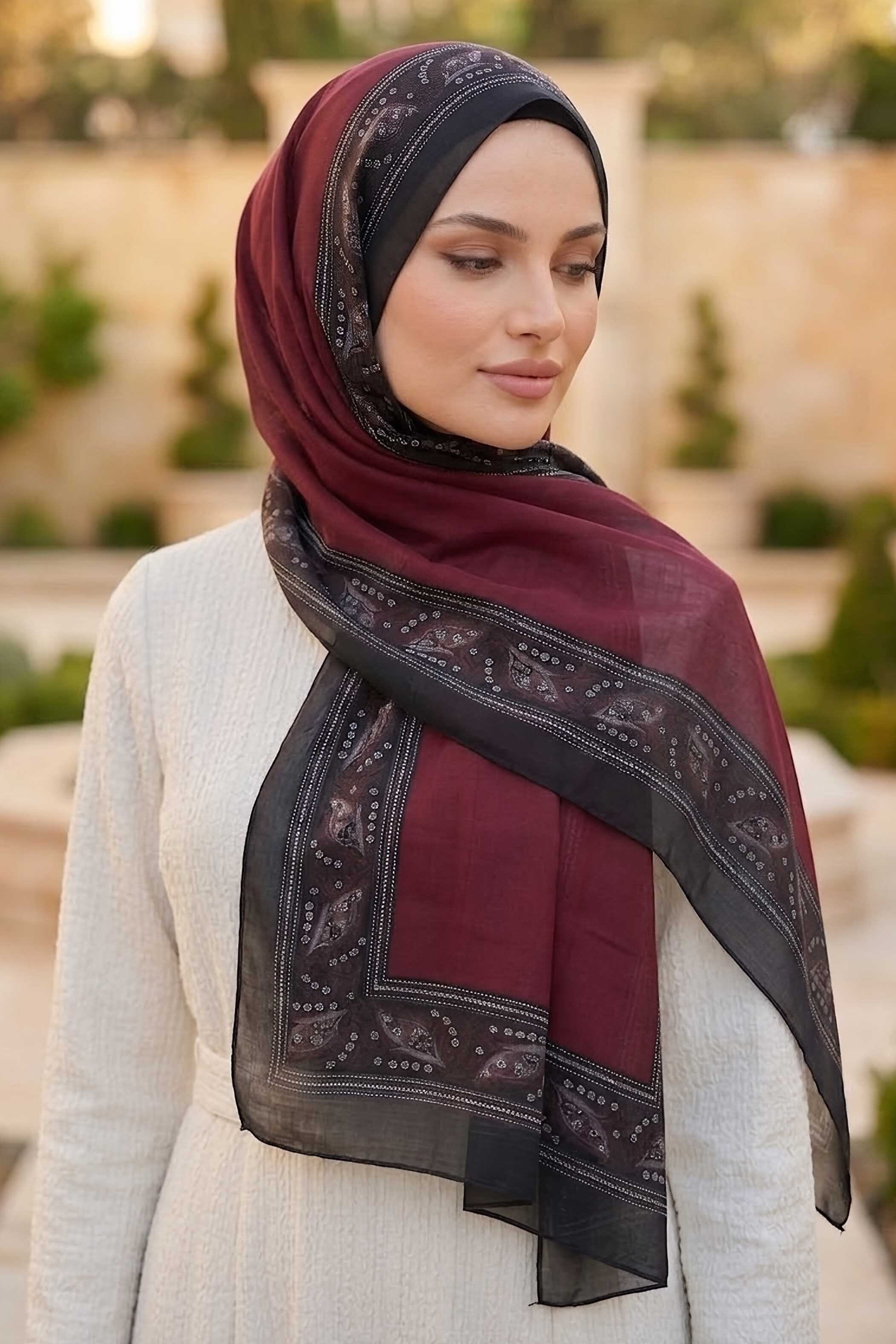 Etnik Desen Şeritli Pamuk Şal Bordo - 28672-BORDO - 2