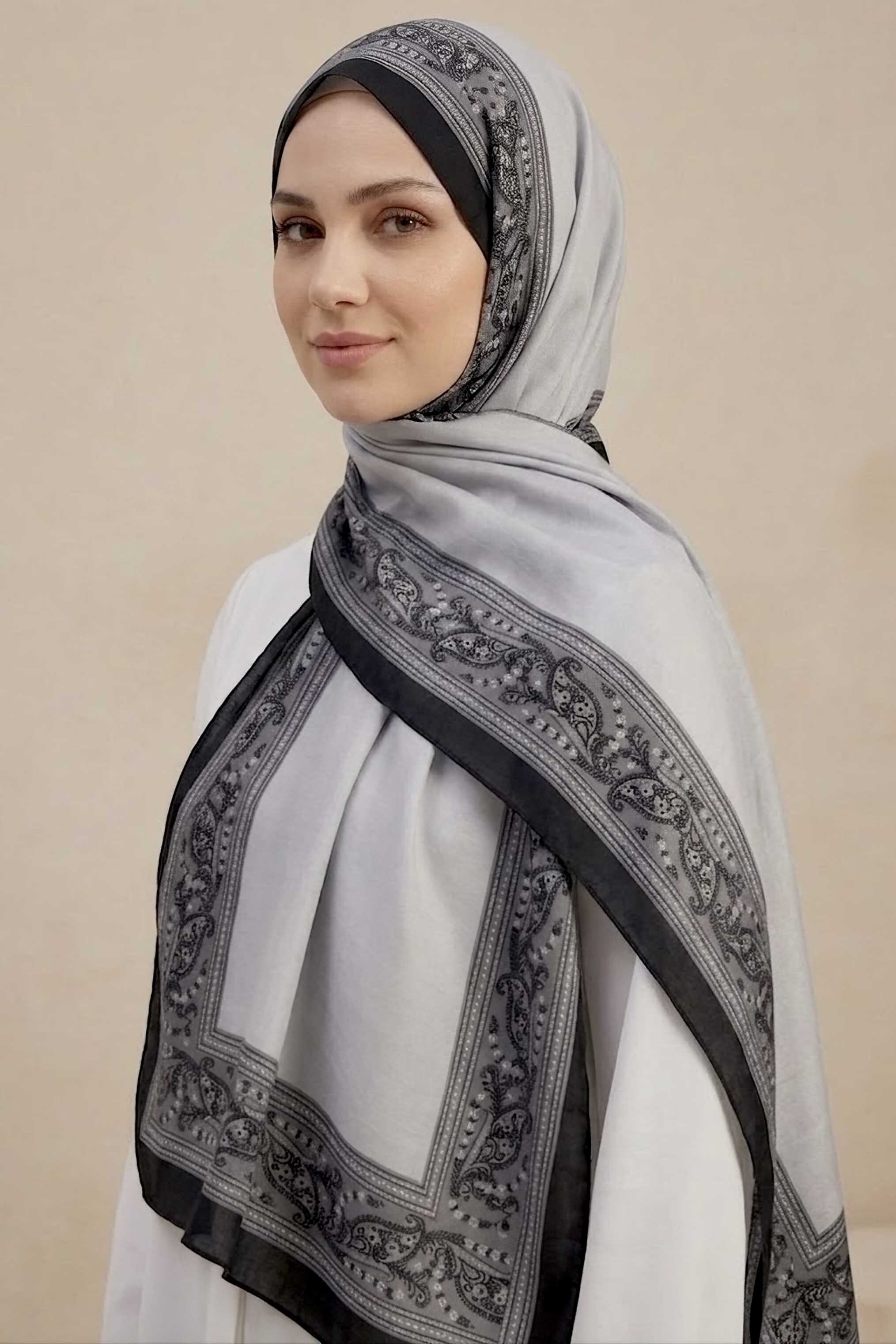 Etnik Desen Şeritli Pamuk Şal Gri - 28672-GRI - 1
