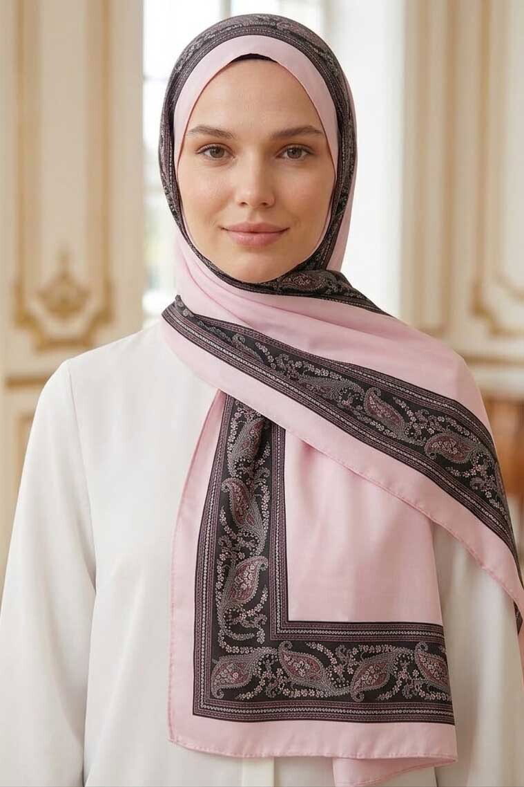 Etnik Desen Şeritli Pamuk Şal Pembe - 28672-PEMBE - 1