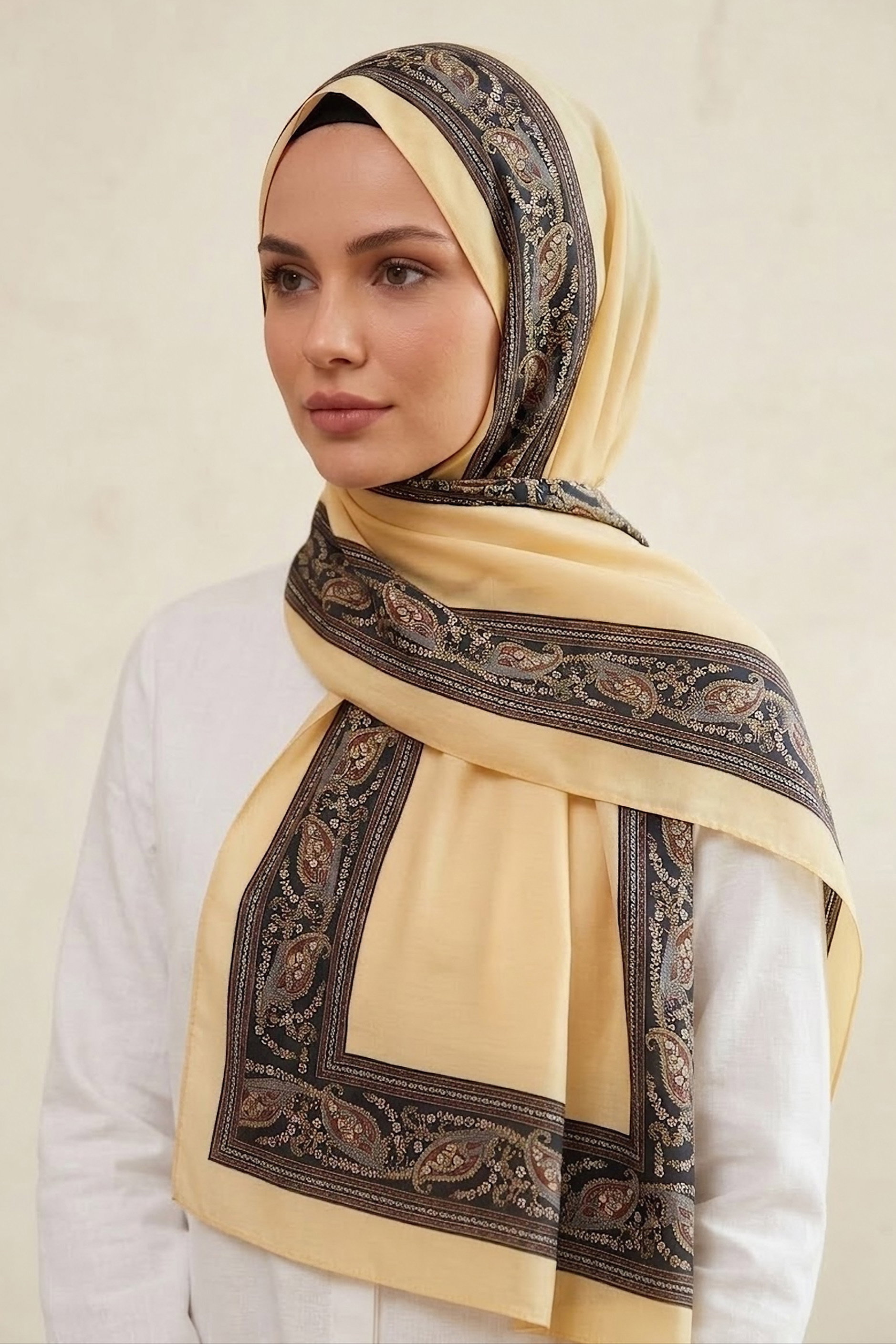Etnik Desen Şeritli Pamuk Şal Sari - 28672-SARI - 1