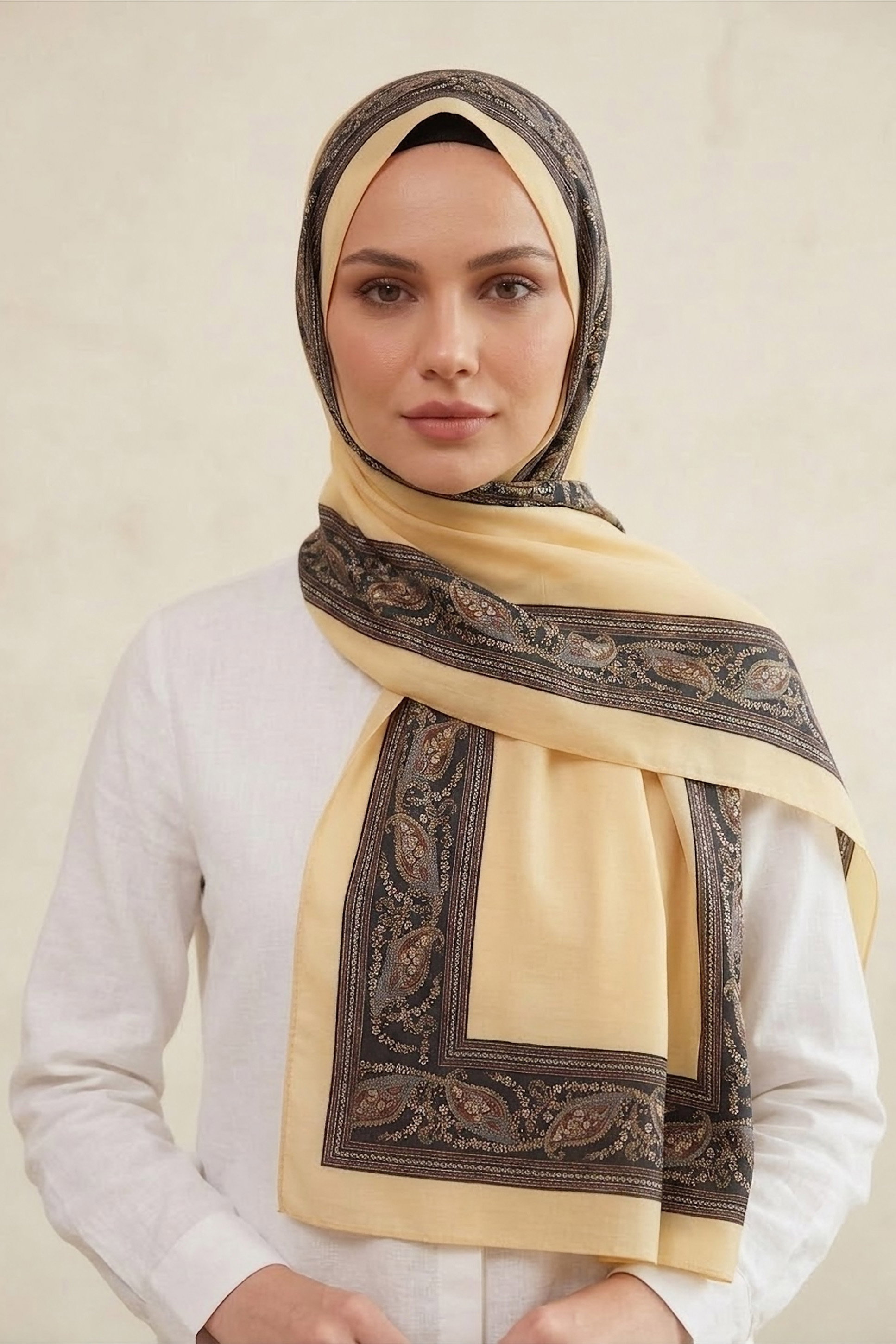 Etnik Desen Şeritli Pamuk Şal Sari - 28672-SARI - 2