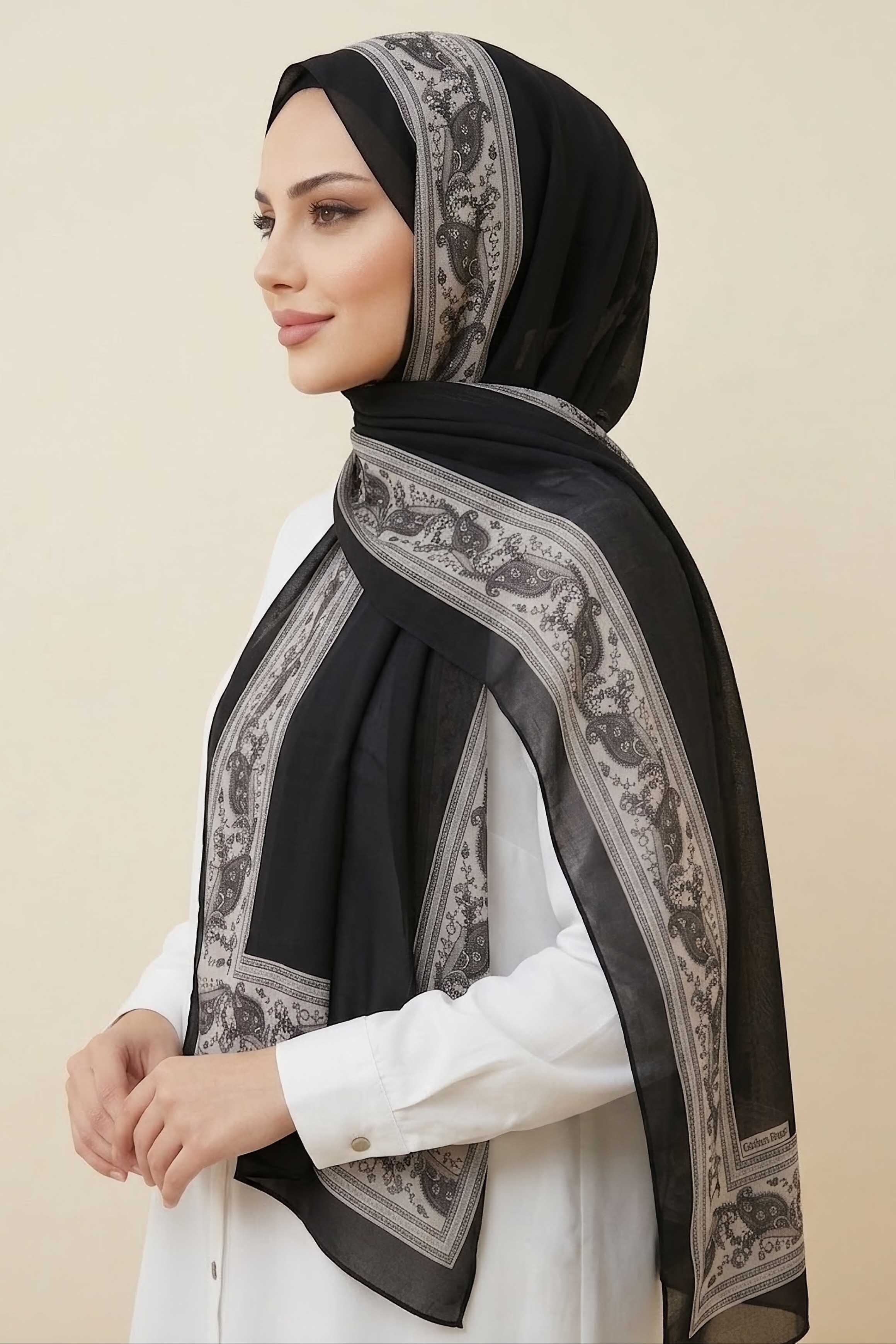 Etnik Desen Şeritli Pamuk Şal Siyah - 28672-SIYAH - 1