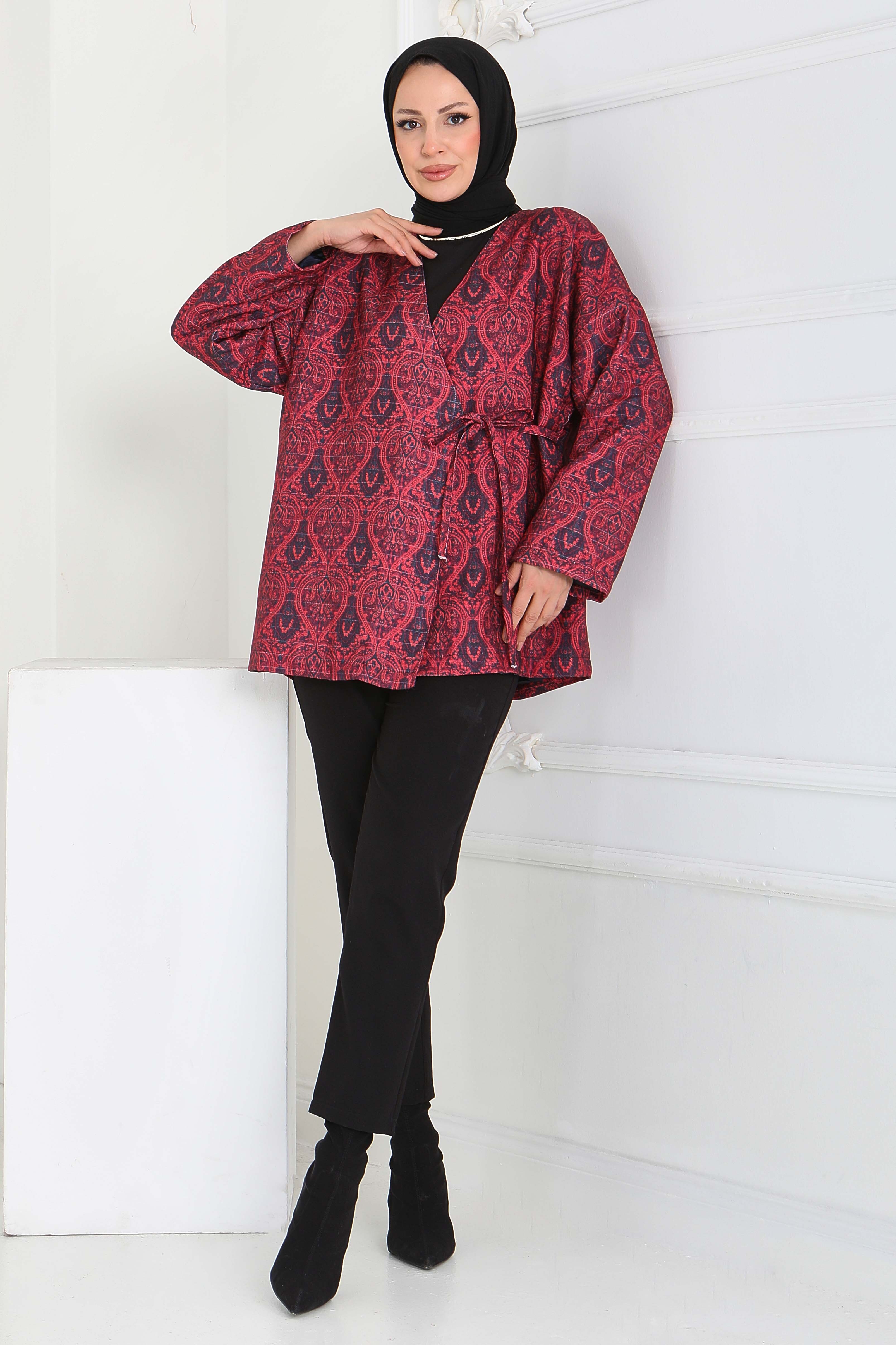 Etnik Desenli Önden Bağlamlalı Ceket - 27899-KIRMIZI - 2