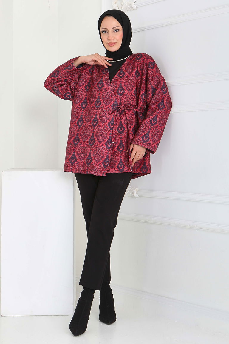 Etnik Desenli Önden Bağlamlalı Ceket - 27899-KIRMIZI - TOFİSA