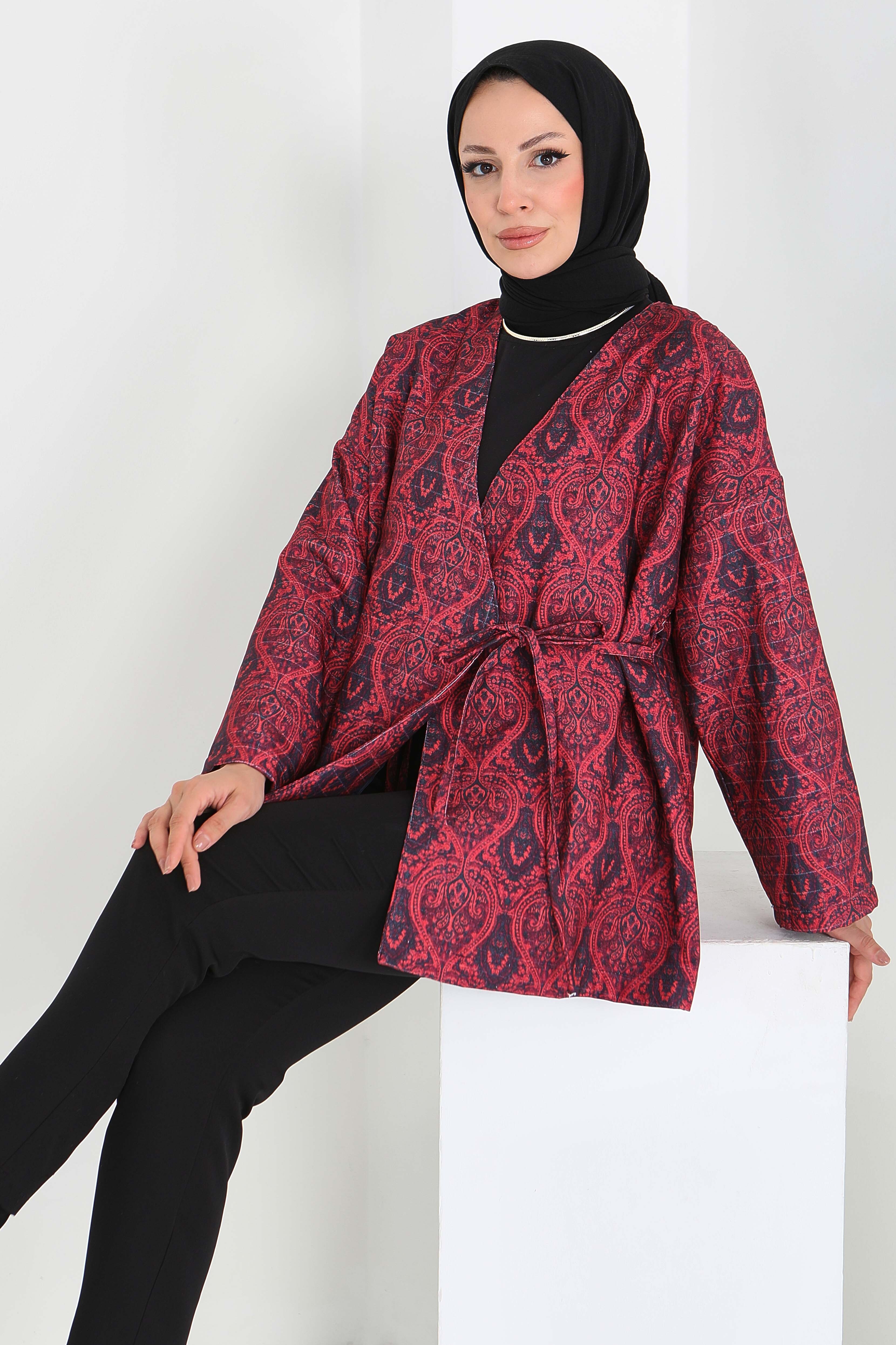 Etnik Desenli Önden Bağlamlalı Ceket - 27899-KIRMIZI - 3