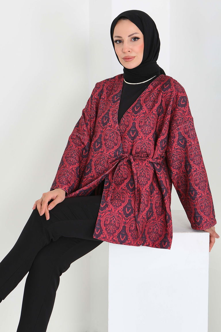 Etnik Desenli Önden Bağlamlalı Ceket - 27899-KIRMIZI - TOFİSA