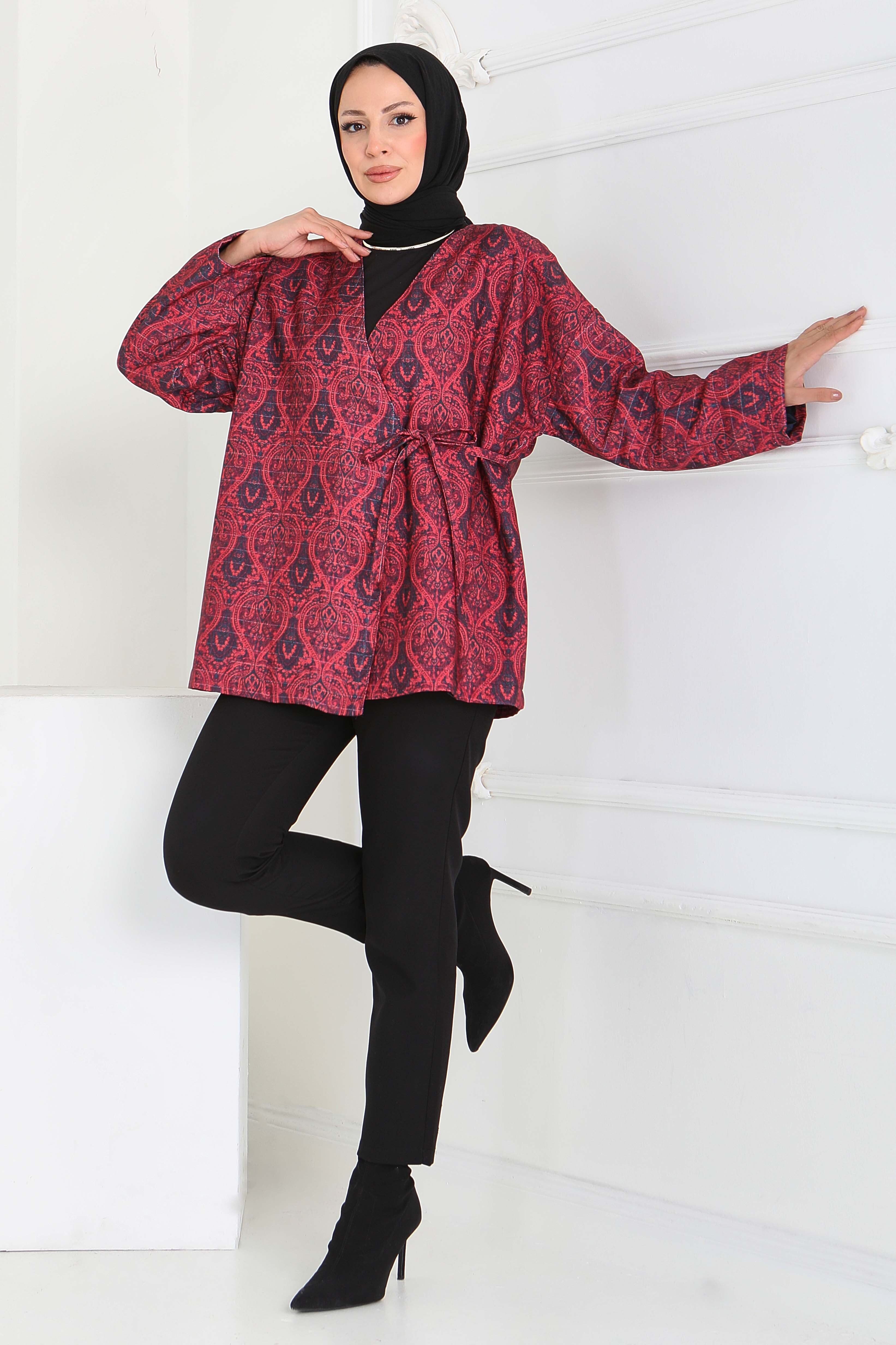 Etnik Desenli Önden Bağlamlalı Ceket - 27899-KIRMIZI - 4