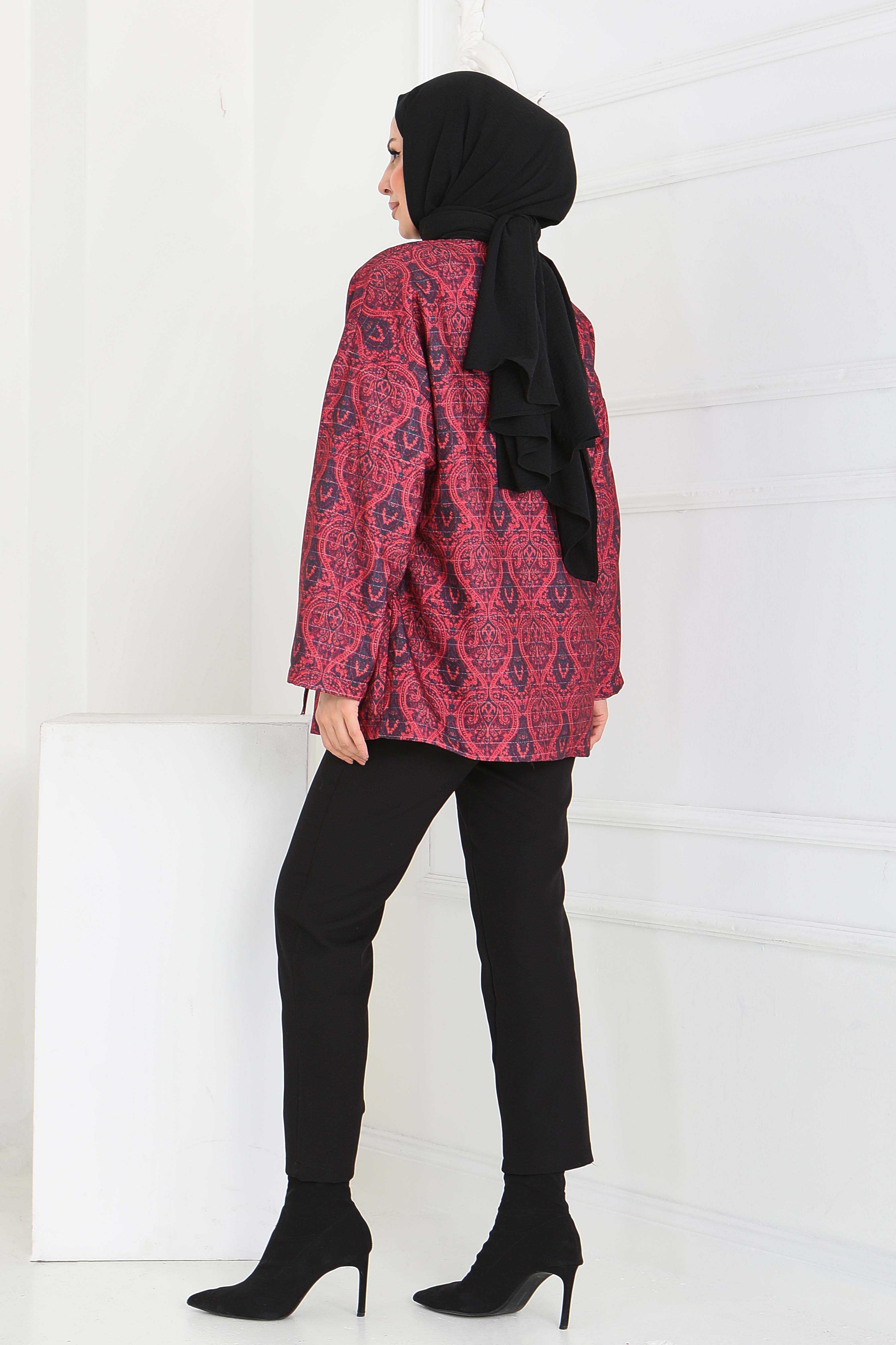 Etnik Desenli Önden Bağlamlalı Ceket - 27899-KIRMIZI - 5