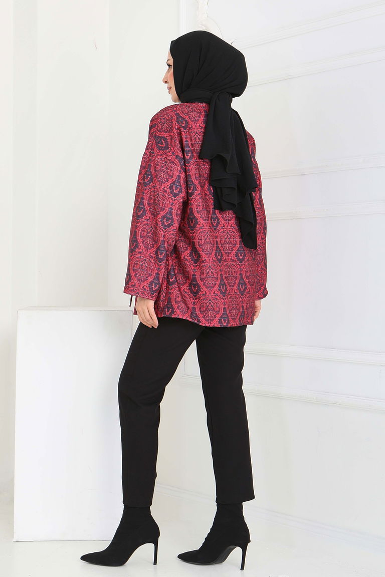 Etnik Desenli Önden Bağlamlalı Ceket - 27899-KIRMIZI - TOFİSA