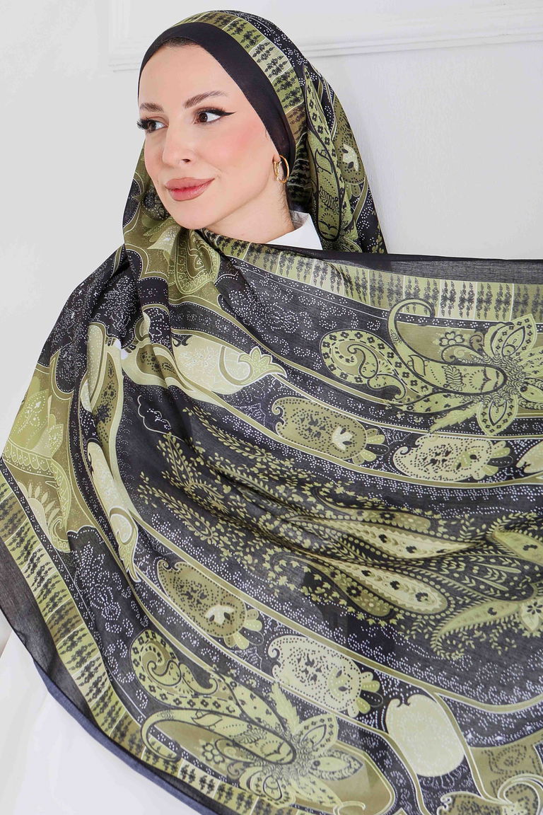 Etnik Pamuk Vual Desen Şal - 27597-SIYAH-HAKI - TOFİSA