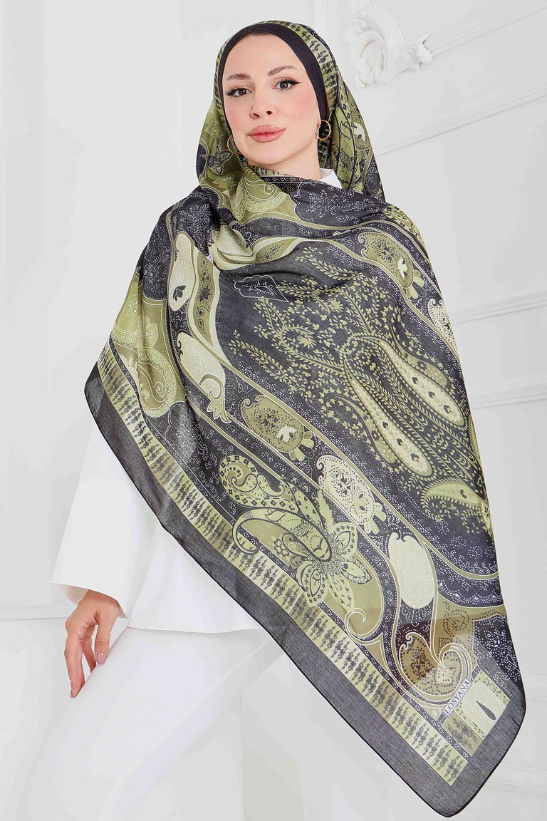 Etnik Pamuk Vual Desen Şal - 27597-SIYAH-HAKI - TOFİSA