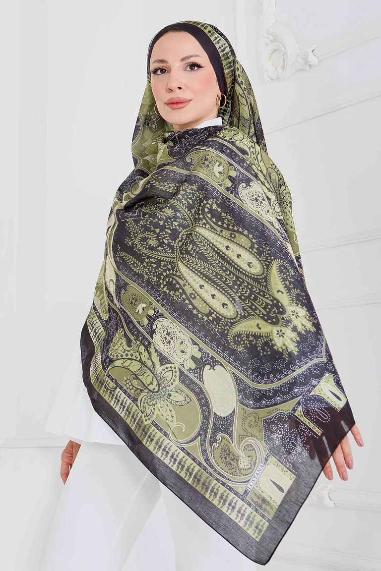 Etnik Pamuk Vual Desen Şal - 27597-SIYAH-HAKI - TOFİSA