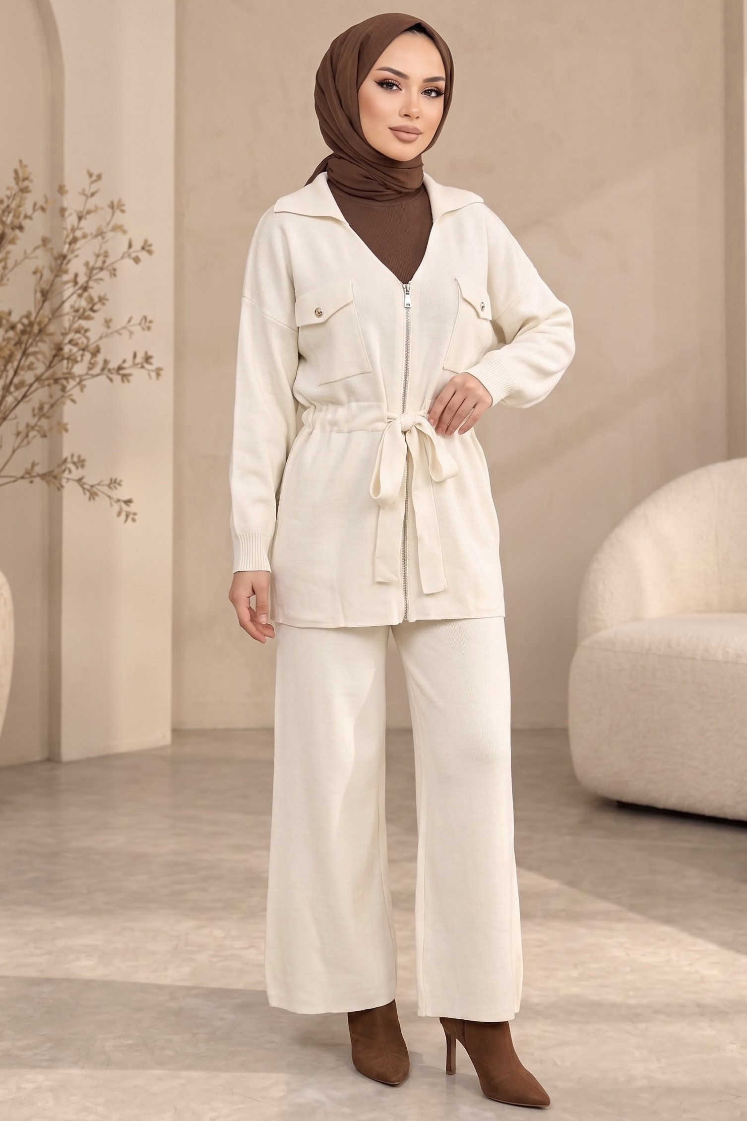 Fermuarlı Bağcıklı Triko Takım Krem - 29280-KREM - 2