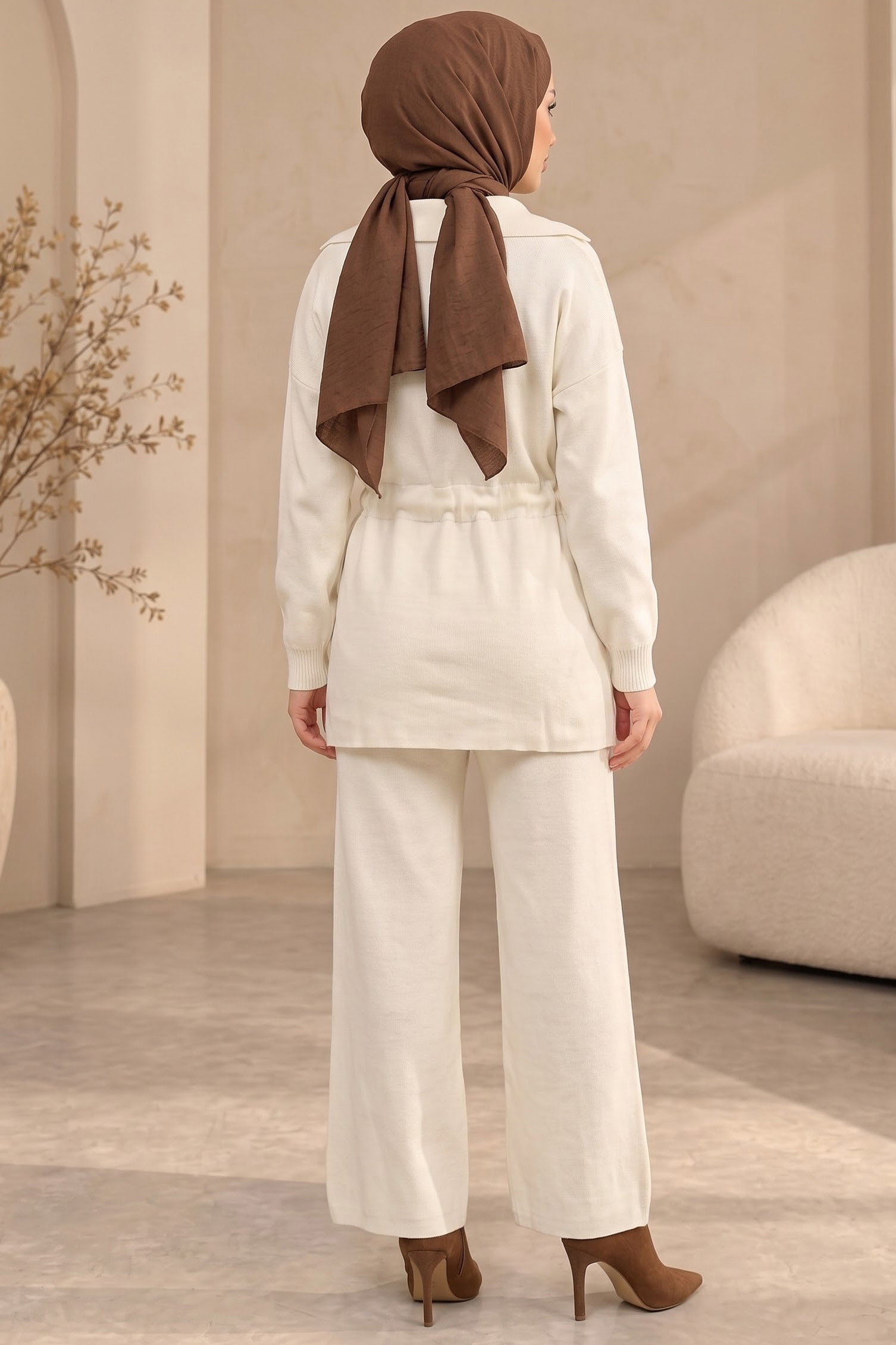 Fermuarlı Bağcıklı Triko Takım Krem - 29280-KREM - 3