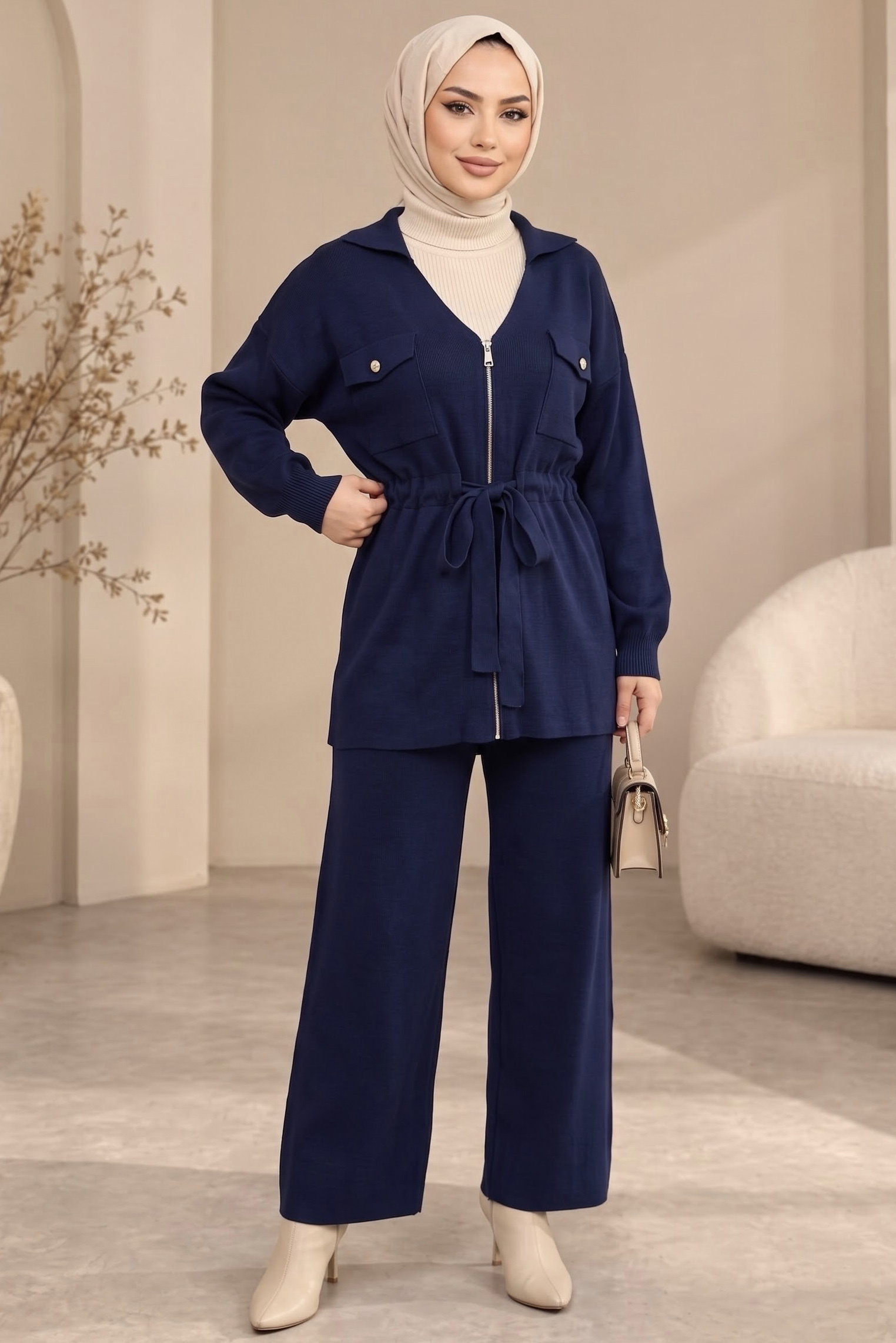 Fermuarlı Bağcıklı Triko Takım Lacivert - 29280-LACIVERT - 1