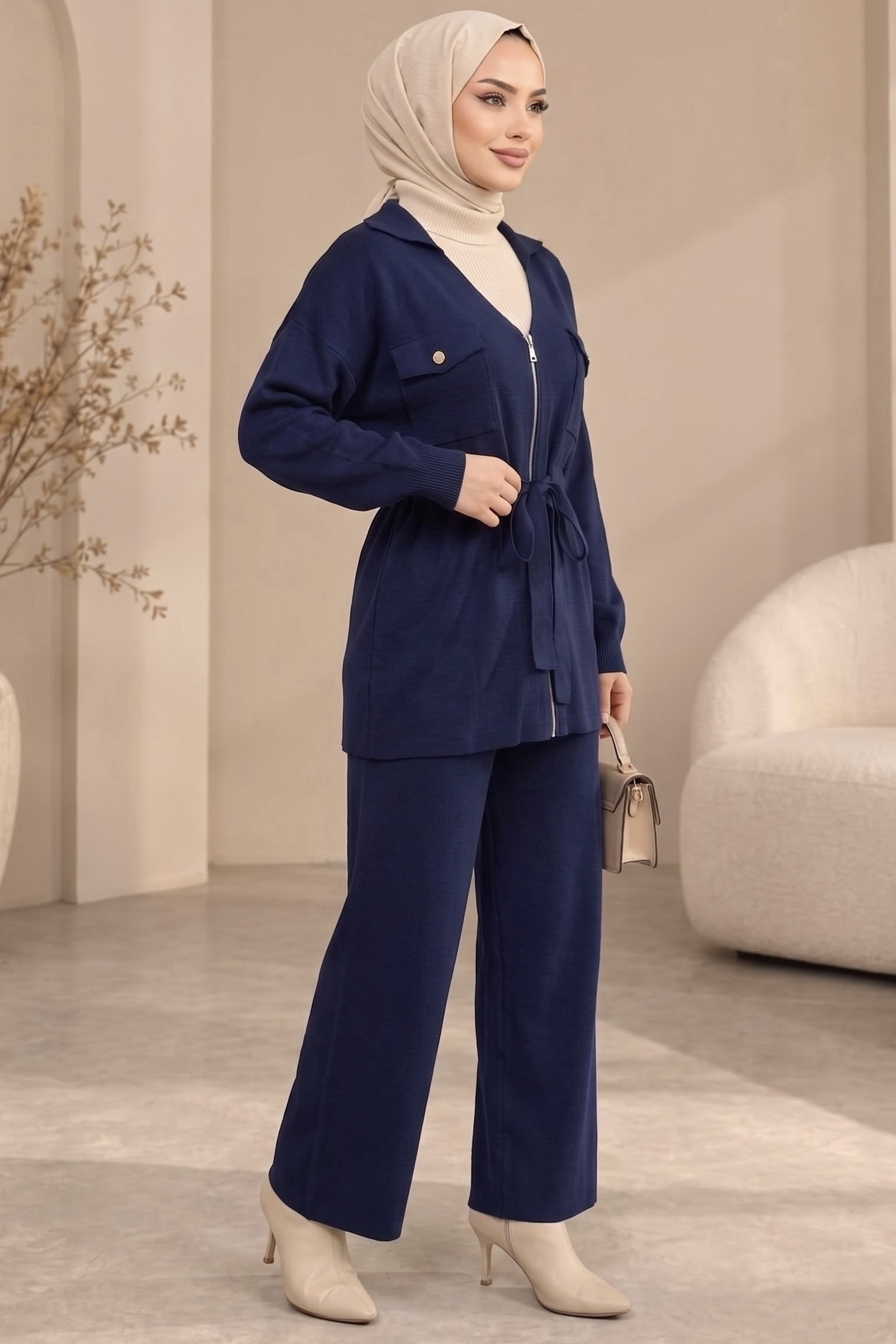Fermuarlı Bağcıklı Triko Takım Lacivert - 29280-LACIVERT - 2