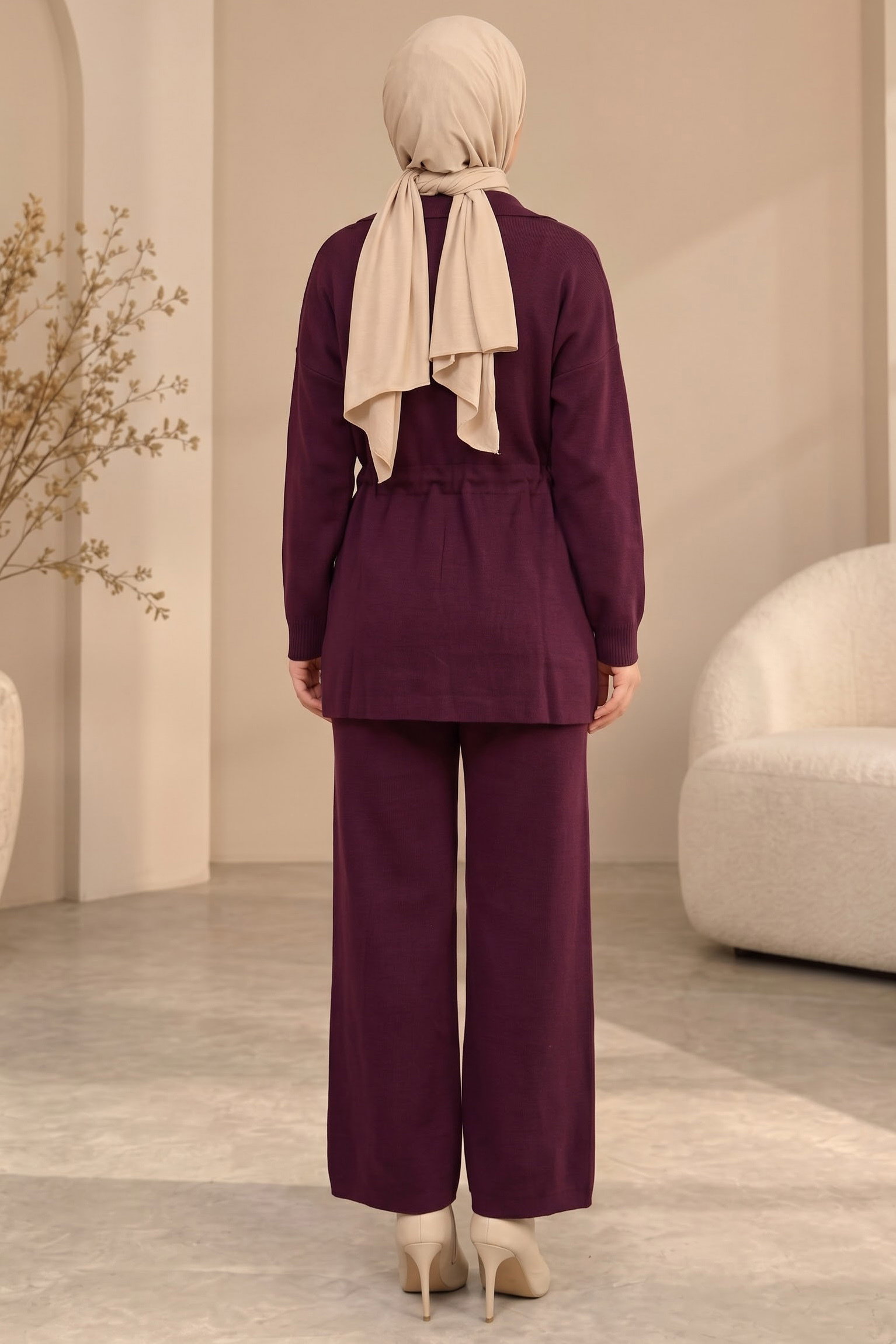 Fermuarlı Bağcıklı Triko Takım Mürdüm - 29280-MURDUM - 3