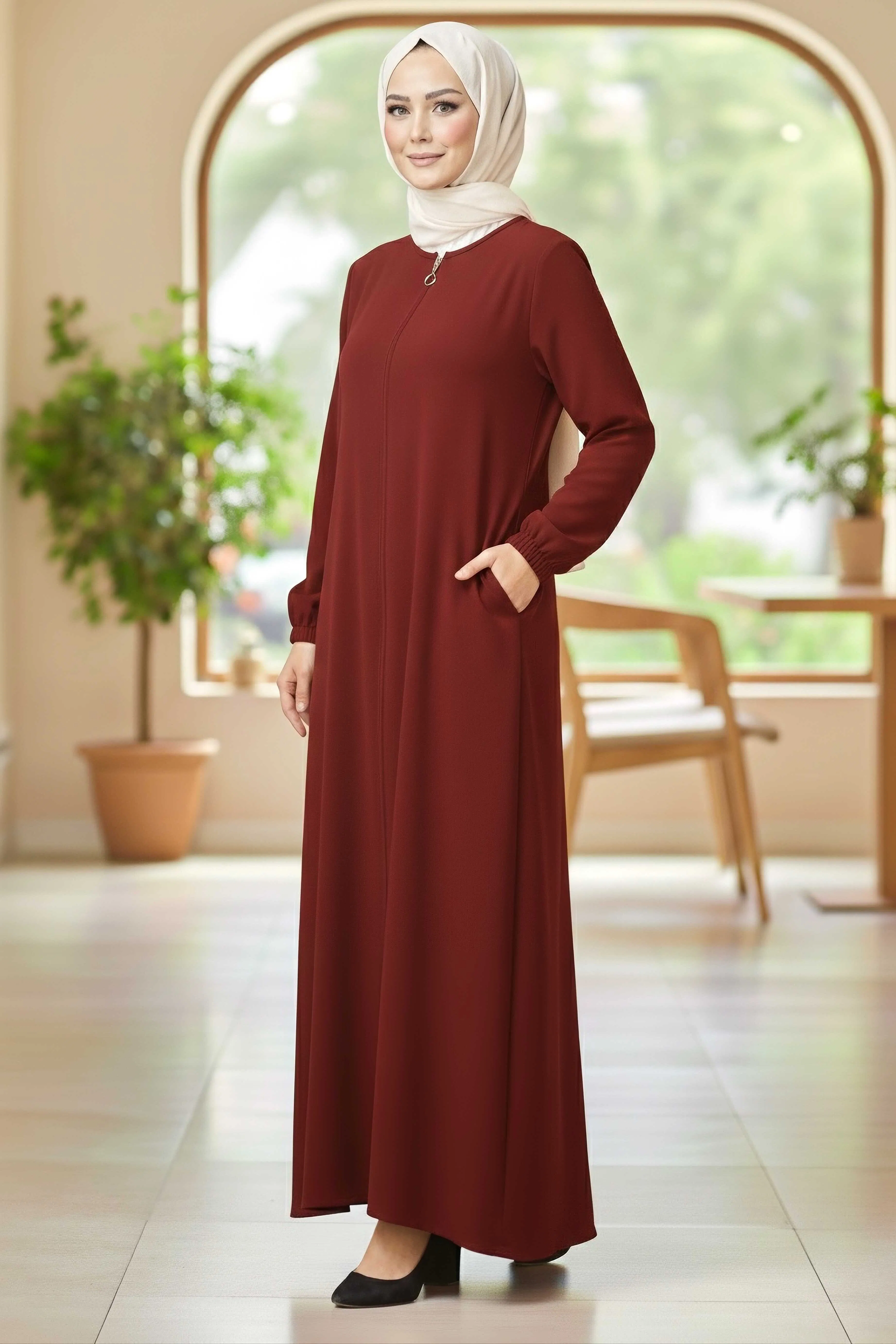 Fermuarlı Bileğinde Lastik Detaylı Ferace - 2035-BORDO - 1