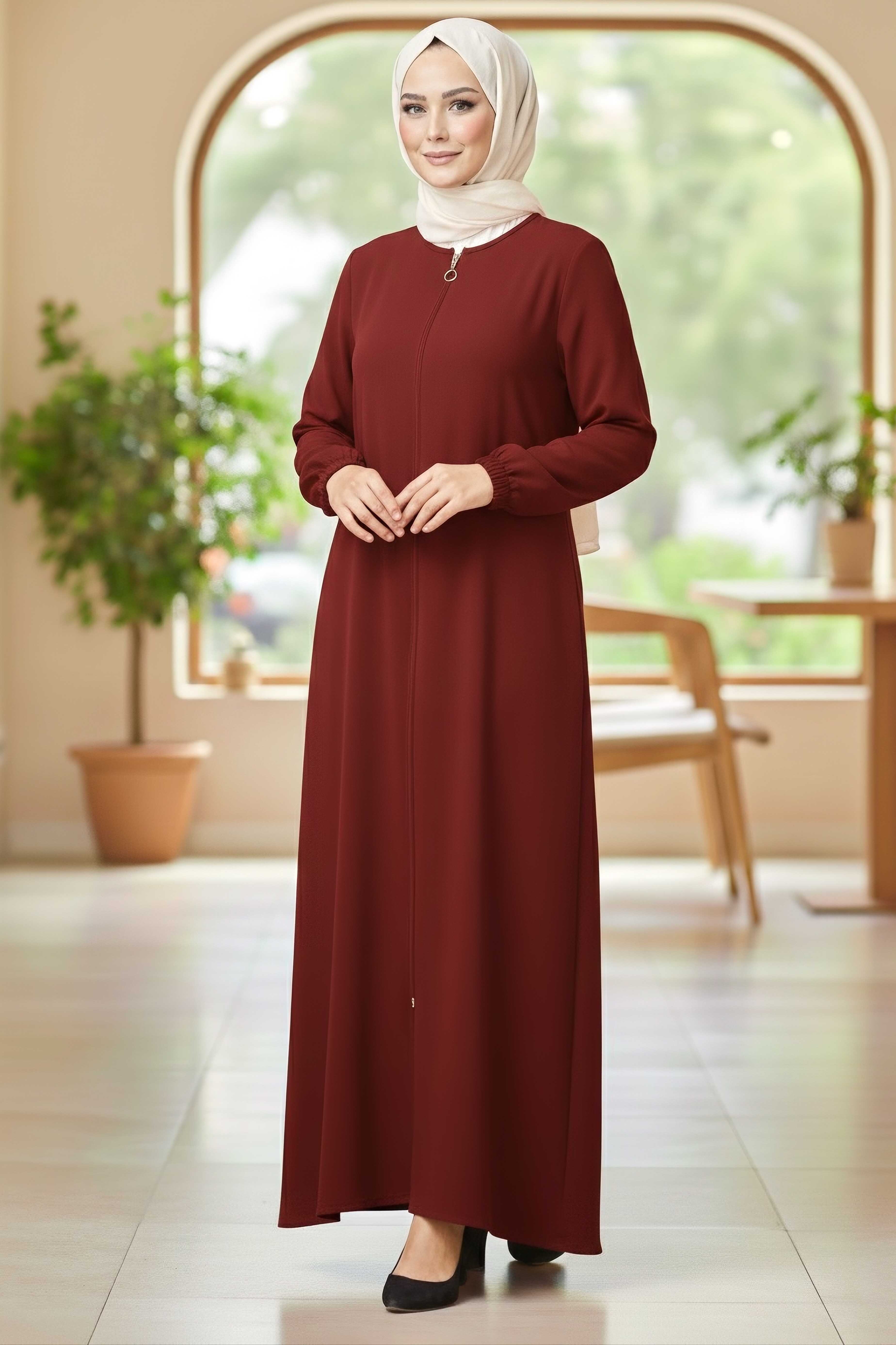 Fermuarlı Bileğinde Lastik Detaylı Ferace - 2035-BORDO - 2