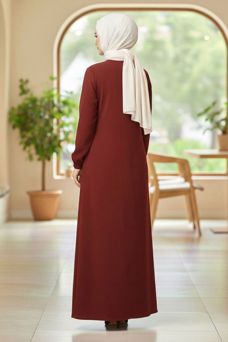 Fermuarlı Bileğinde Lastik Detaylı Ferace - 2035-BORDO - 3