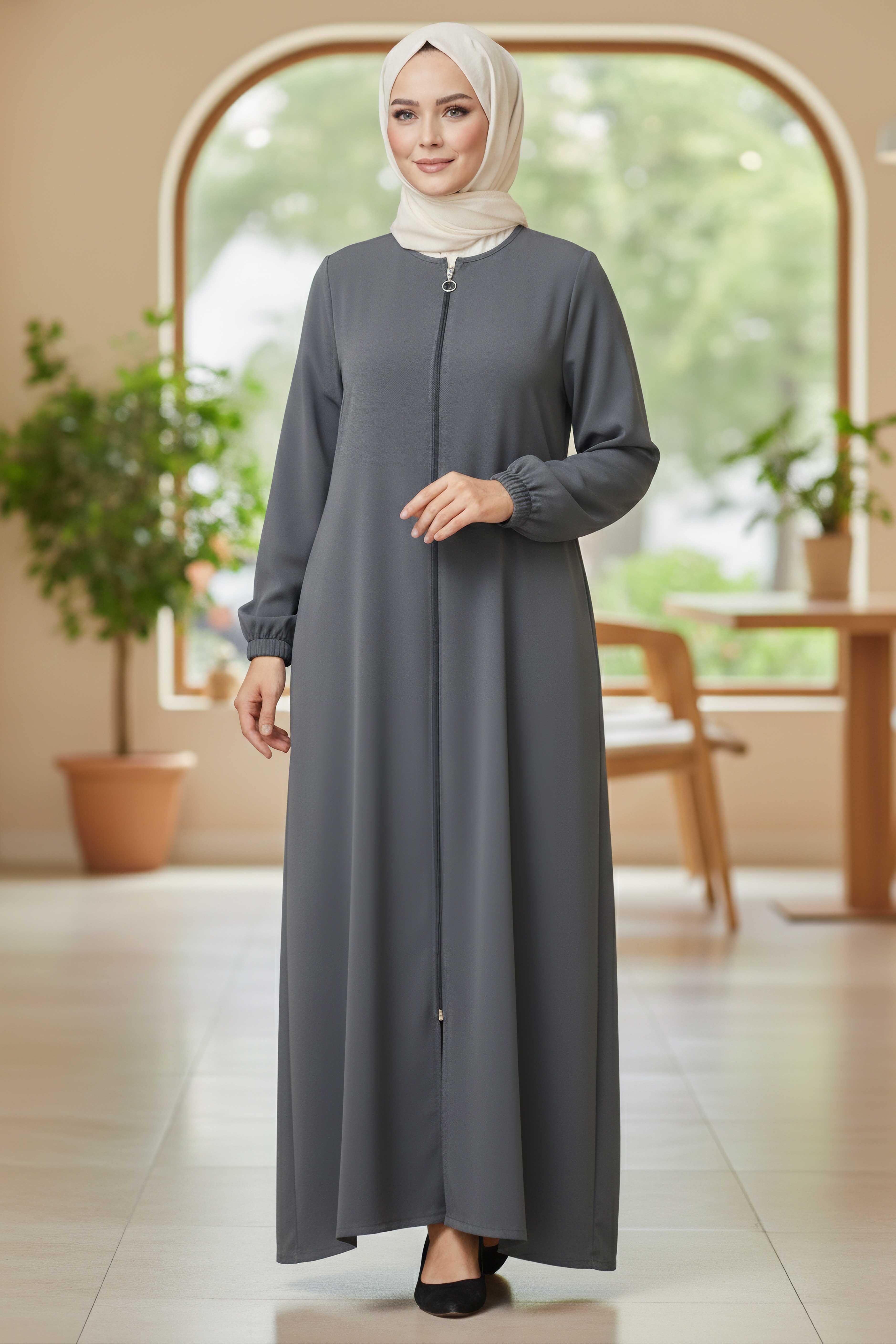 Fermuarlı Bileğinde Lastik Detaylı Ferace - 2035-FUME - 1