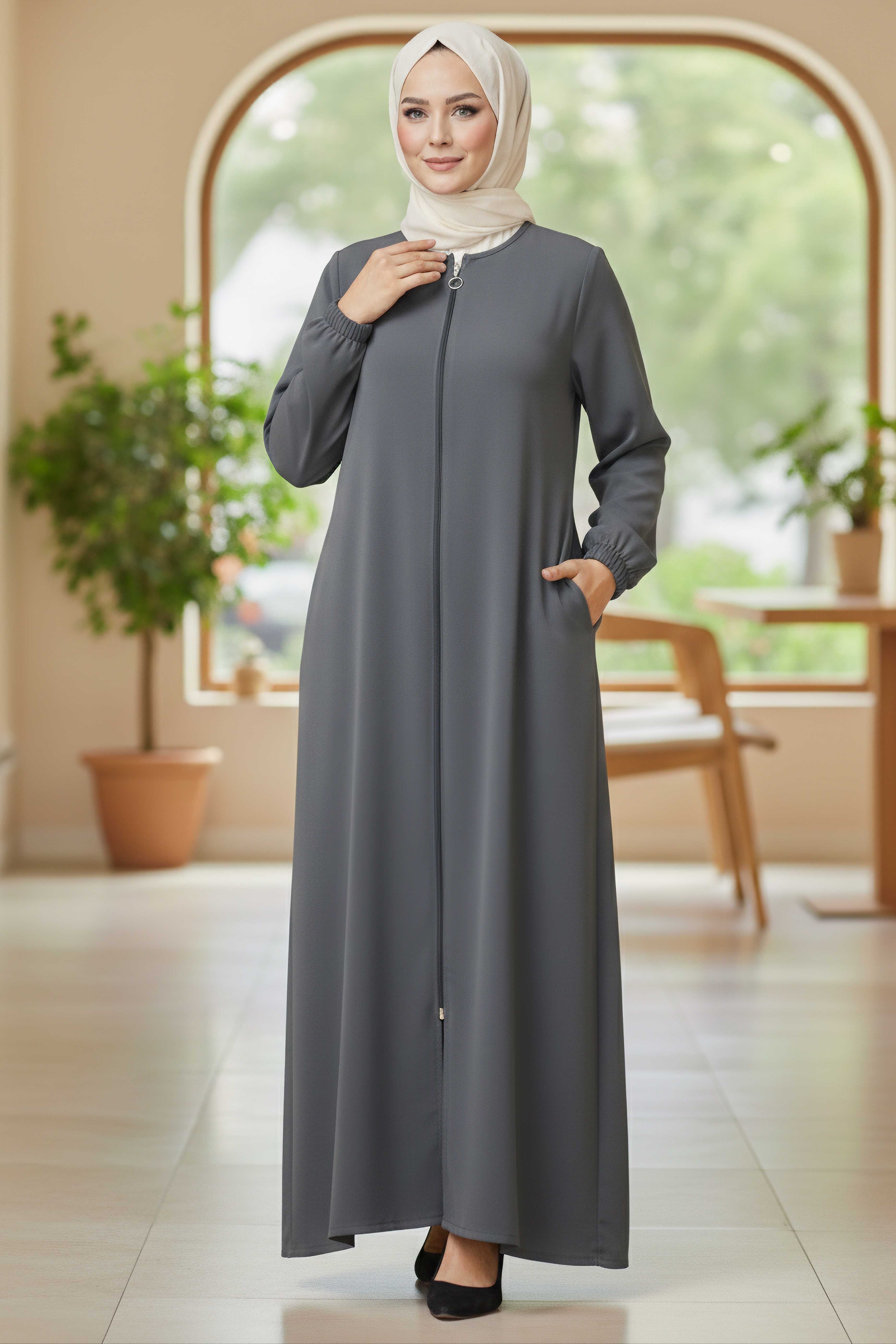 Fermuarlı Bileğinde Lastik Detaylı Ferace - 2035-FUME - 2