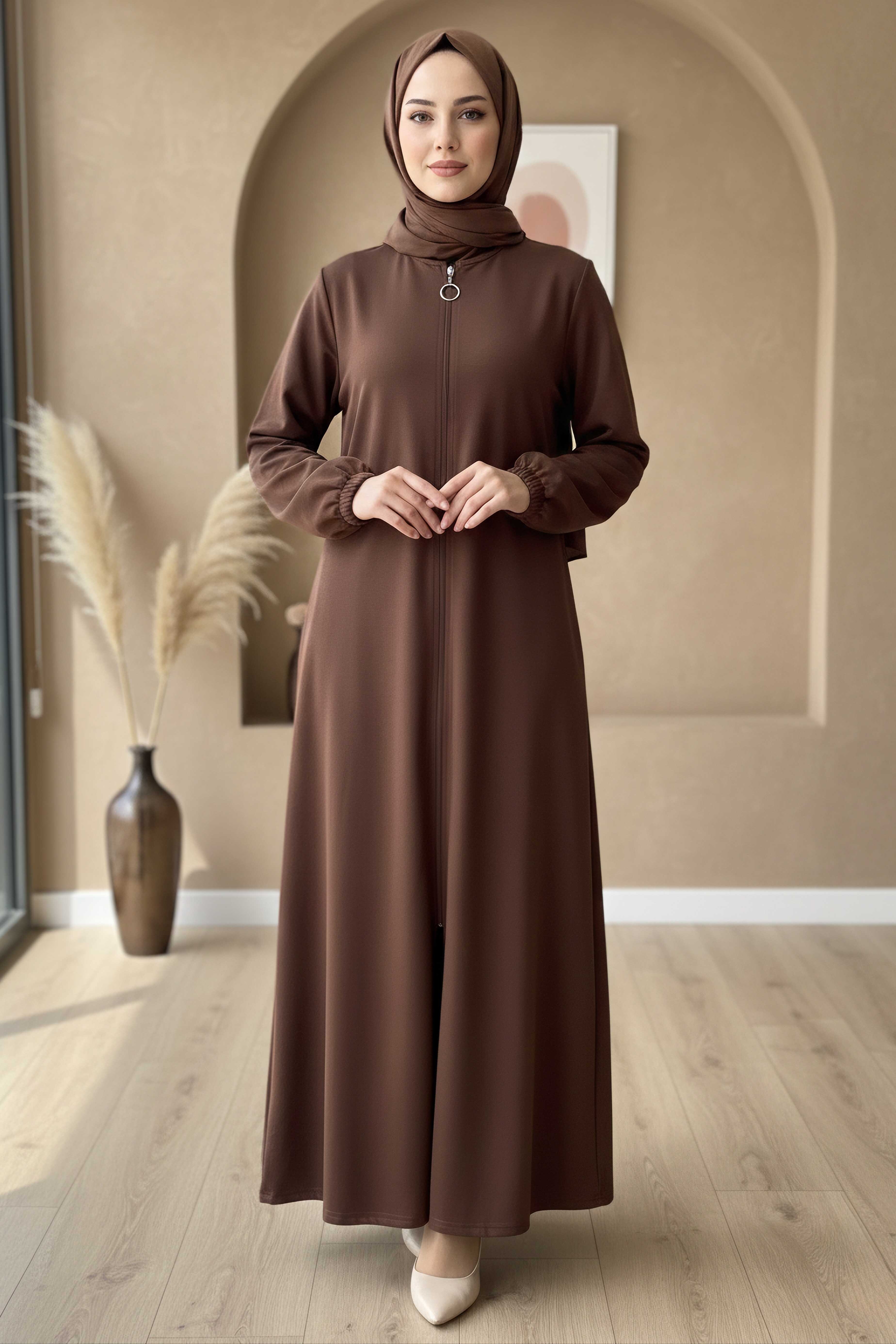 Fermuarlı Bileğinde Lastik Detaylı Ferace - 2035-KAHVE - 1