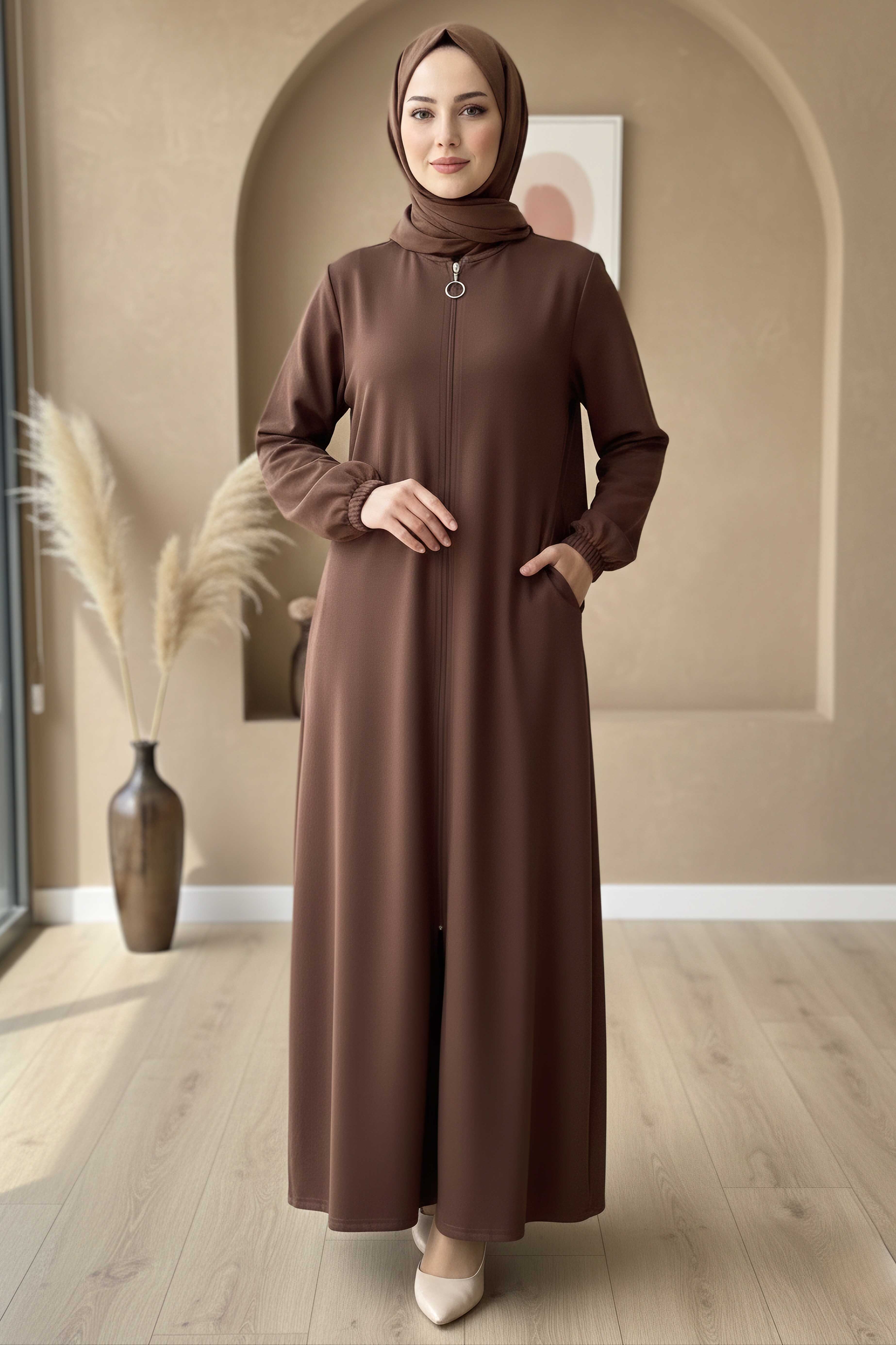 Fermuarlı Bileğinde Lastik Detaylı Ferace - 2035-KAHVE - 2