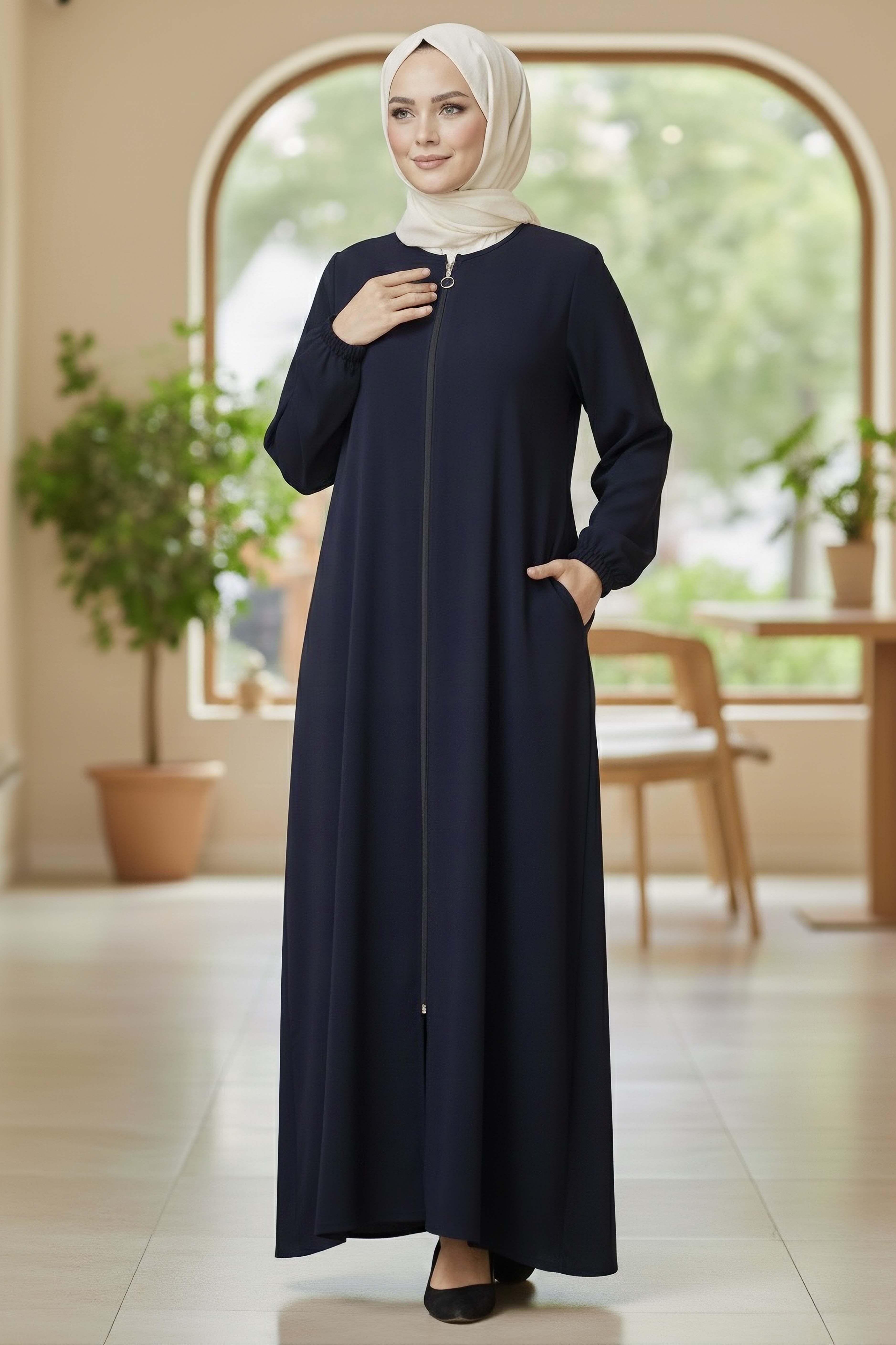 Fermuarlı Bileğinde Lastik Detaylı Ferace - 2035-LACIVERT - 1