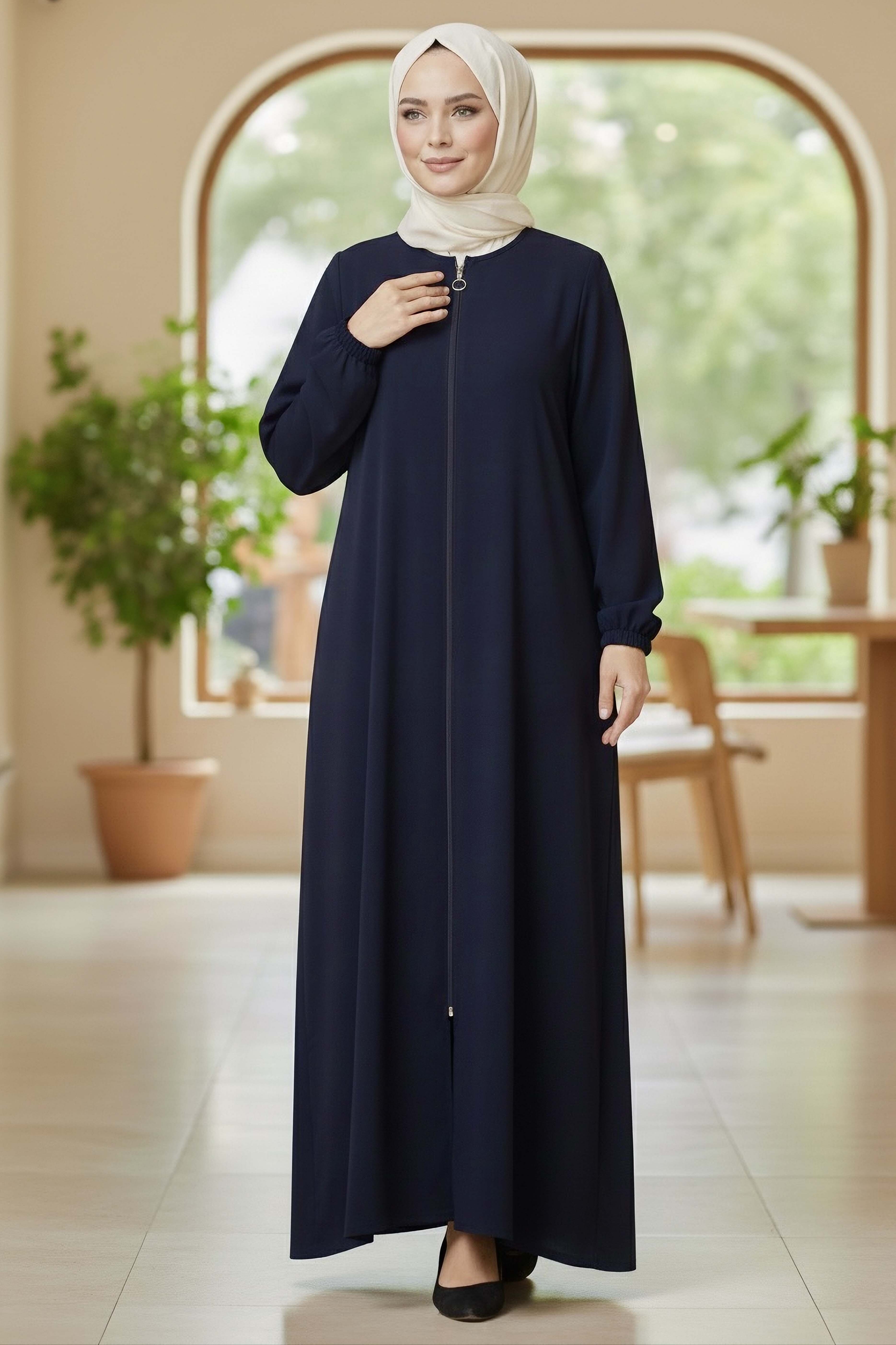 Fermuarlı Bileğinde Lastik Detaylı Ferace - 2035-LACIVERT - 2