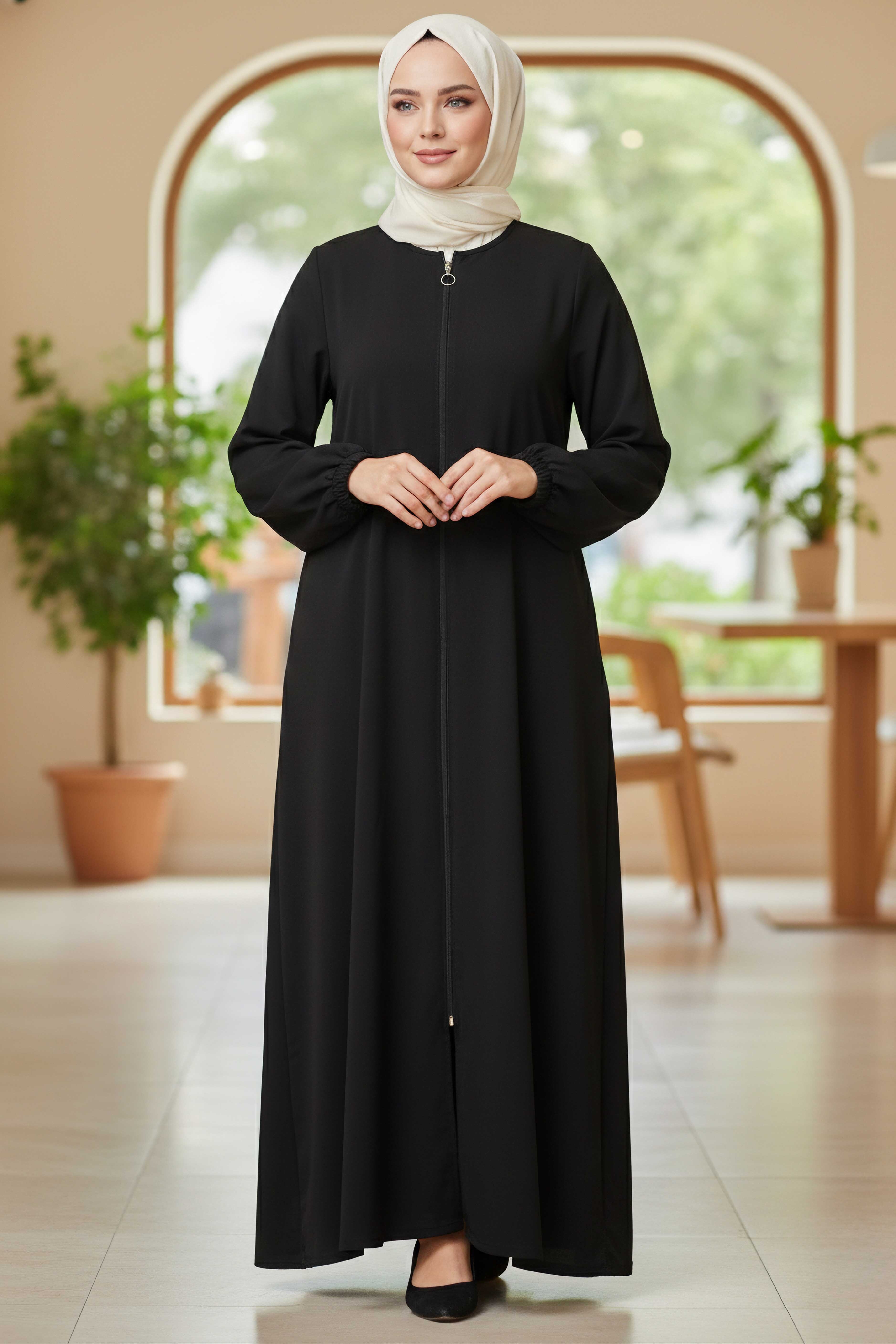 Fermuarlı Bileğinde Lastik Detaylı Ferace - 2035-SIYAH - 2