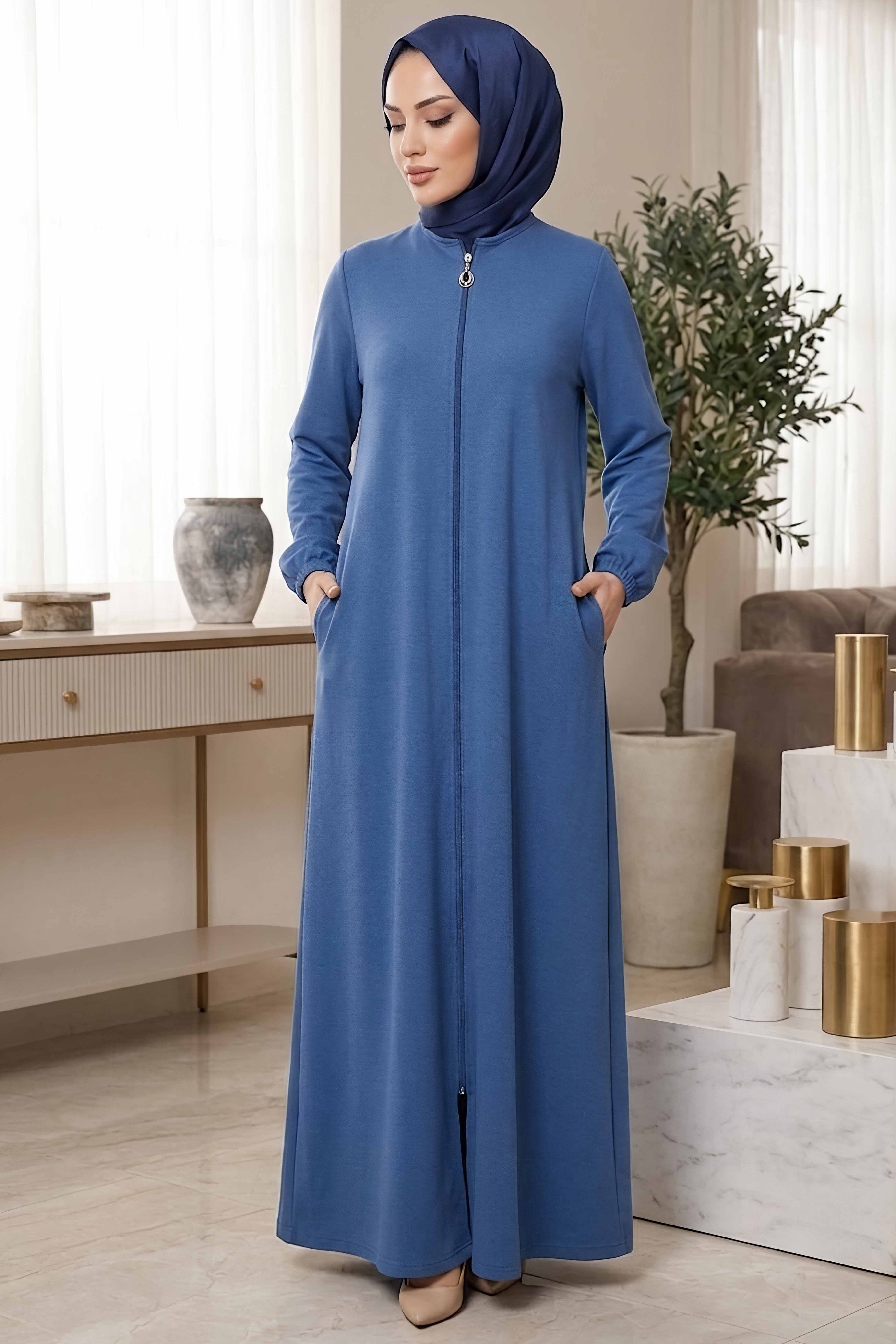 Fermuarlı Bileğinde Lastik Detaylı Ferace Indigo - 2035-INDIGO - 1