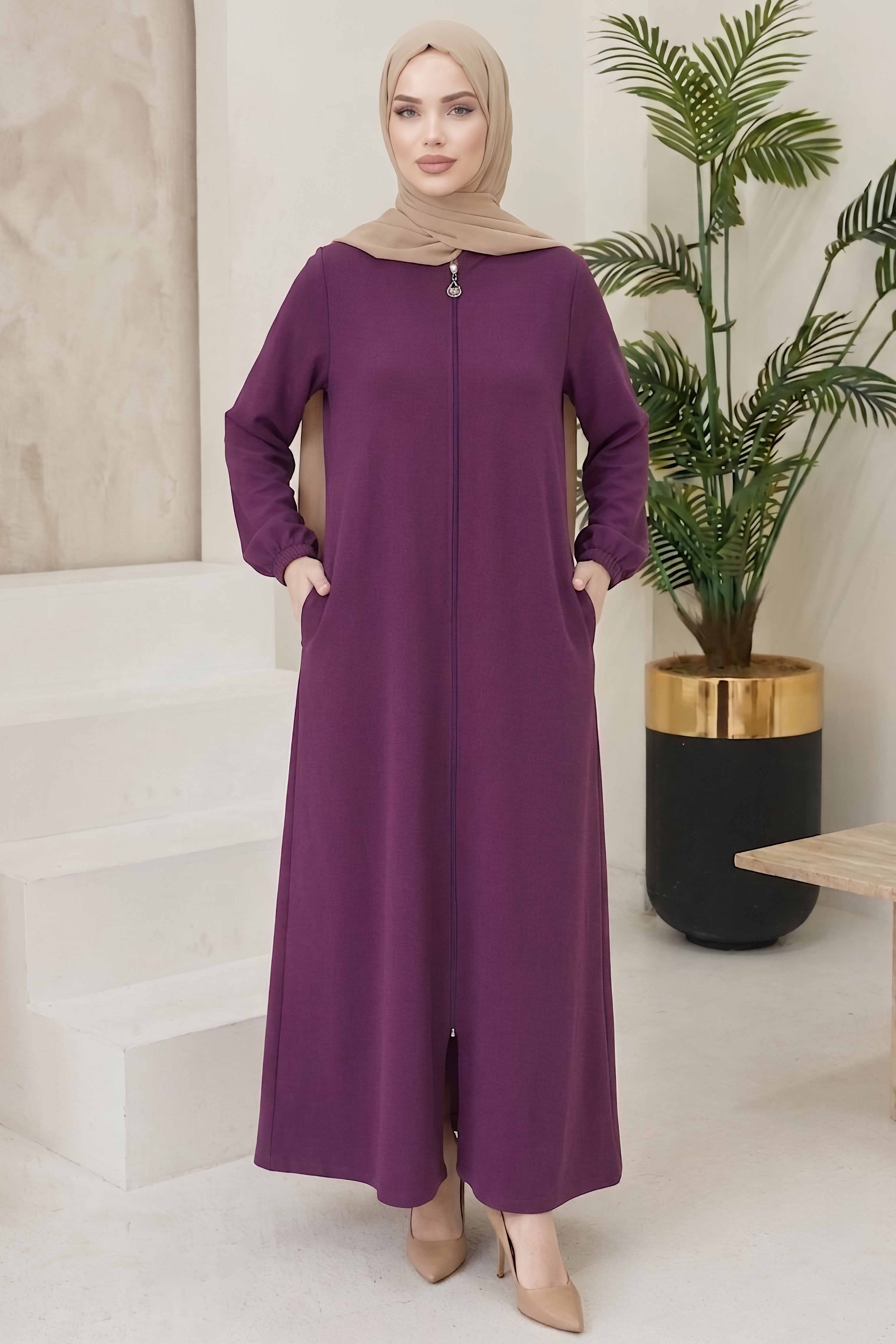 Fermuarlı Bileğinde Lastik Detaylı Ferace Mor - 2035-MOR - 2