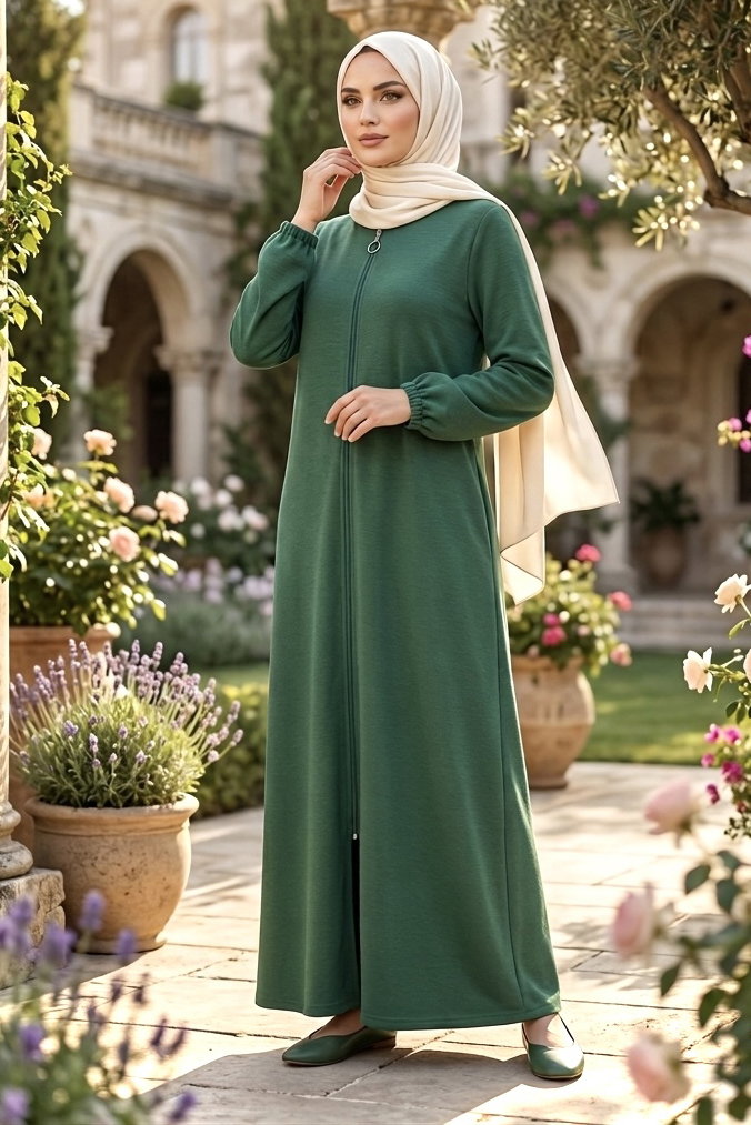 Fermuarlı Bileğinde Lastik Detaylı Ferace Zümrüt - 2035-ZUMRUT - 1