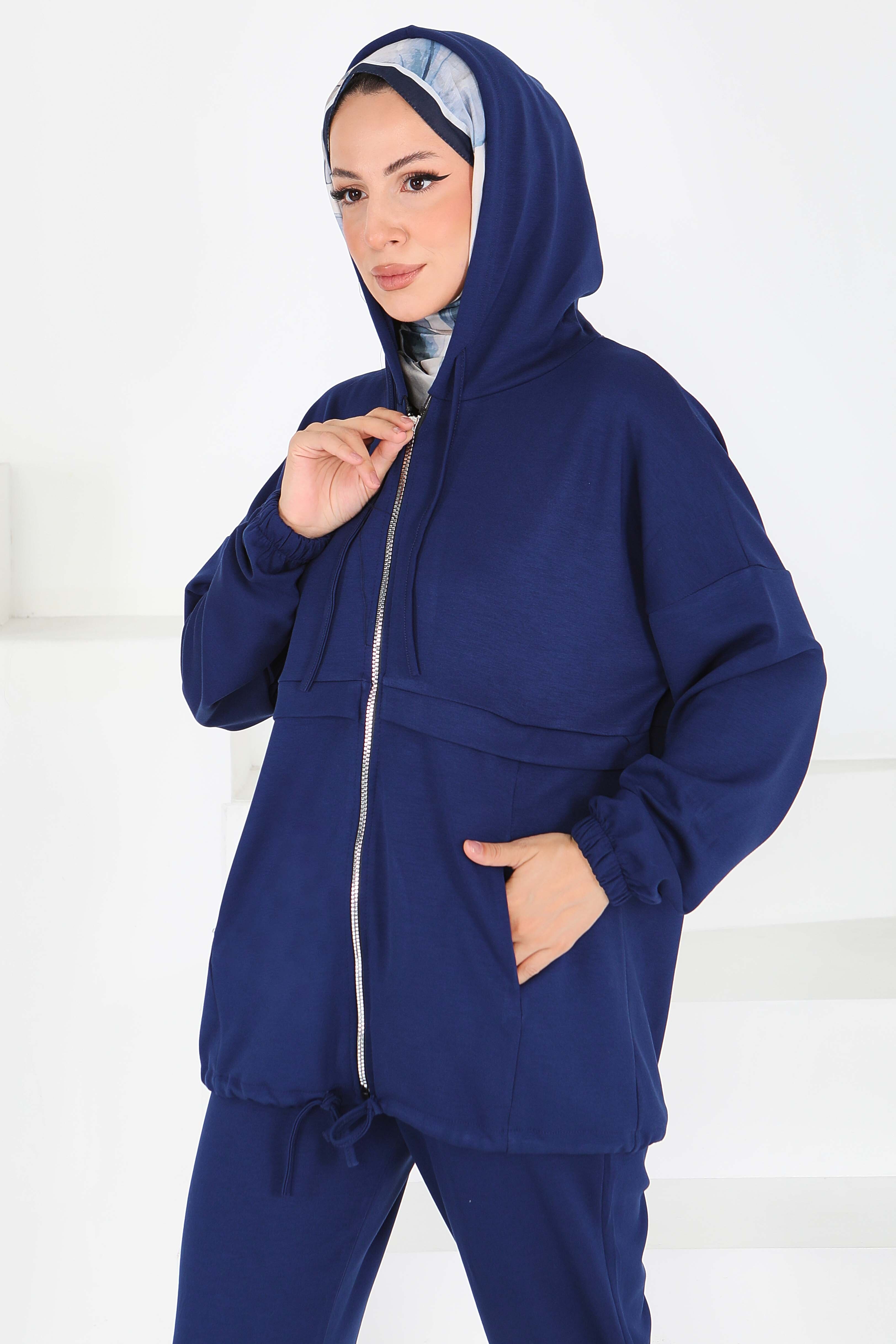 Fermuarlı Cepli Modal İkili Takım - 27709-LACIVERT - 2