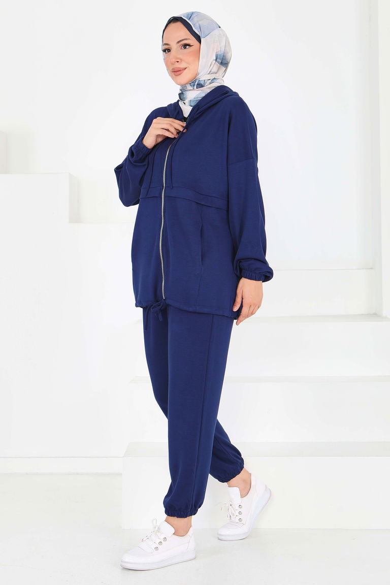 Fermuarlı Cepli Modal İkili Takım - 27709-LACIVERT - TOFİSA