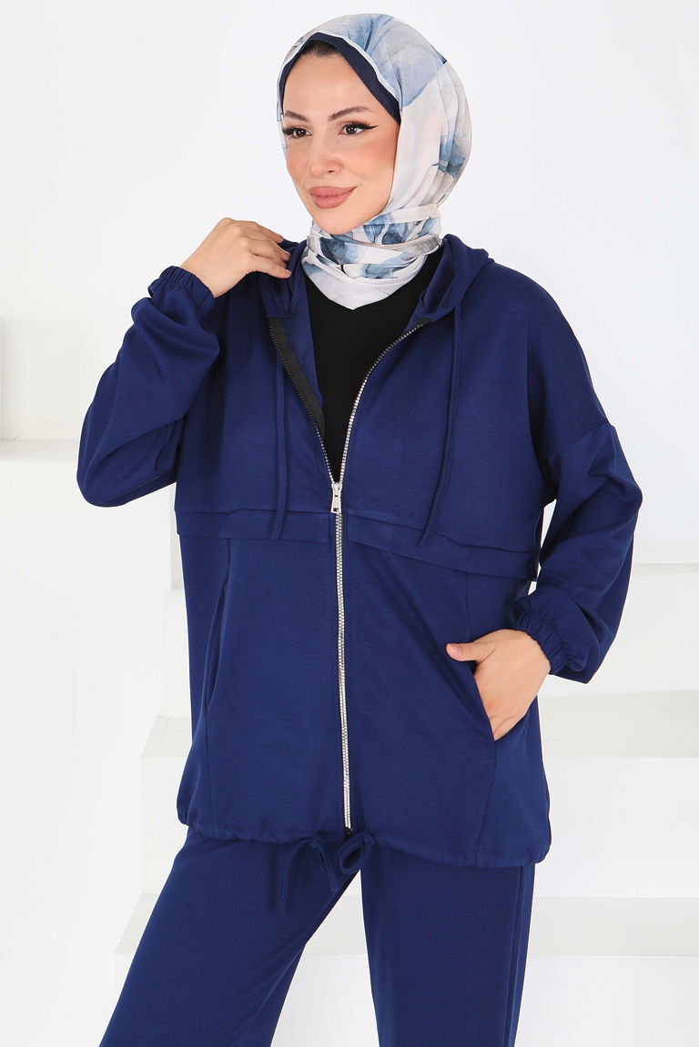 Fermuarlı Cepli Modal İkili Takım - 27709-LACIVERT - TOFİSA