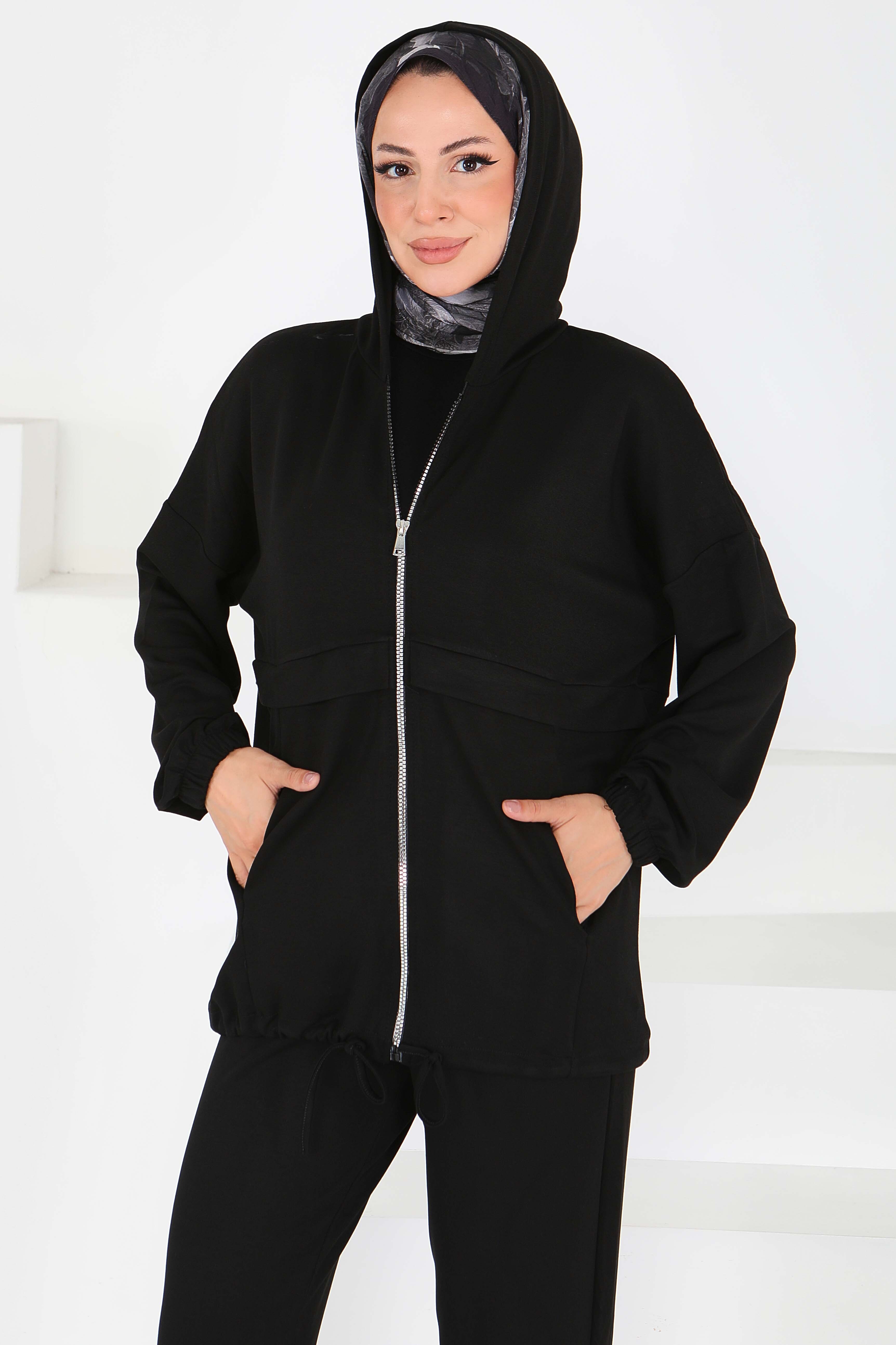 Fermuarlı Cepli Modal İkili Takım - 27709-SIYAH - 2