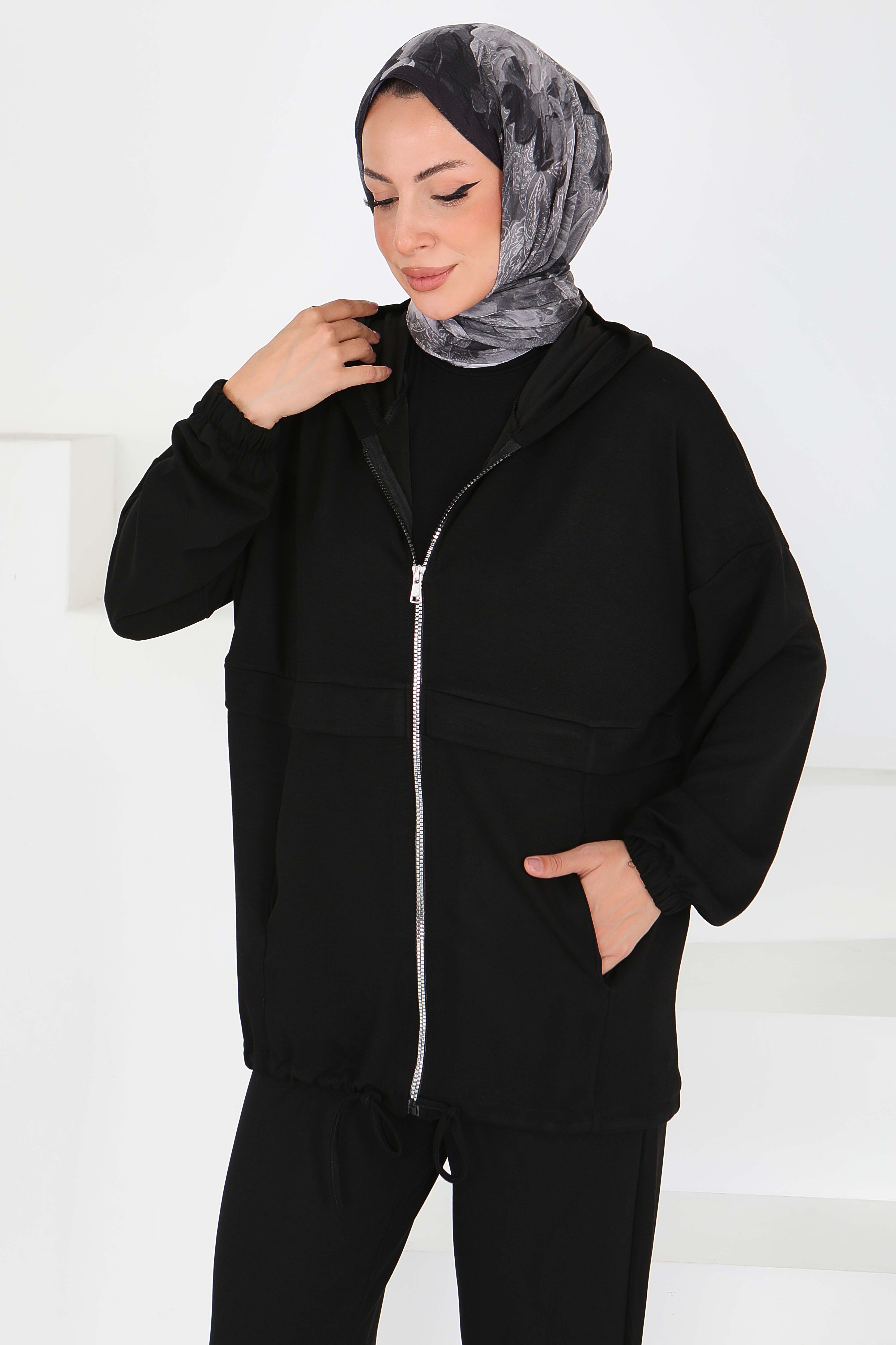 Fermuarlı Cepli Modal İkili Takım - 27709-SIYAH - 4
