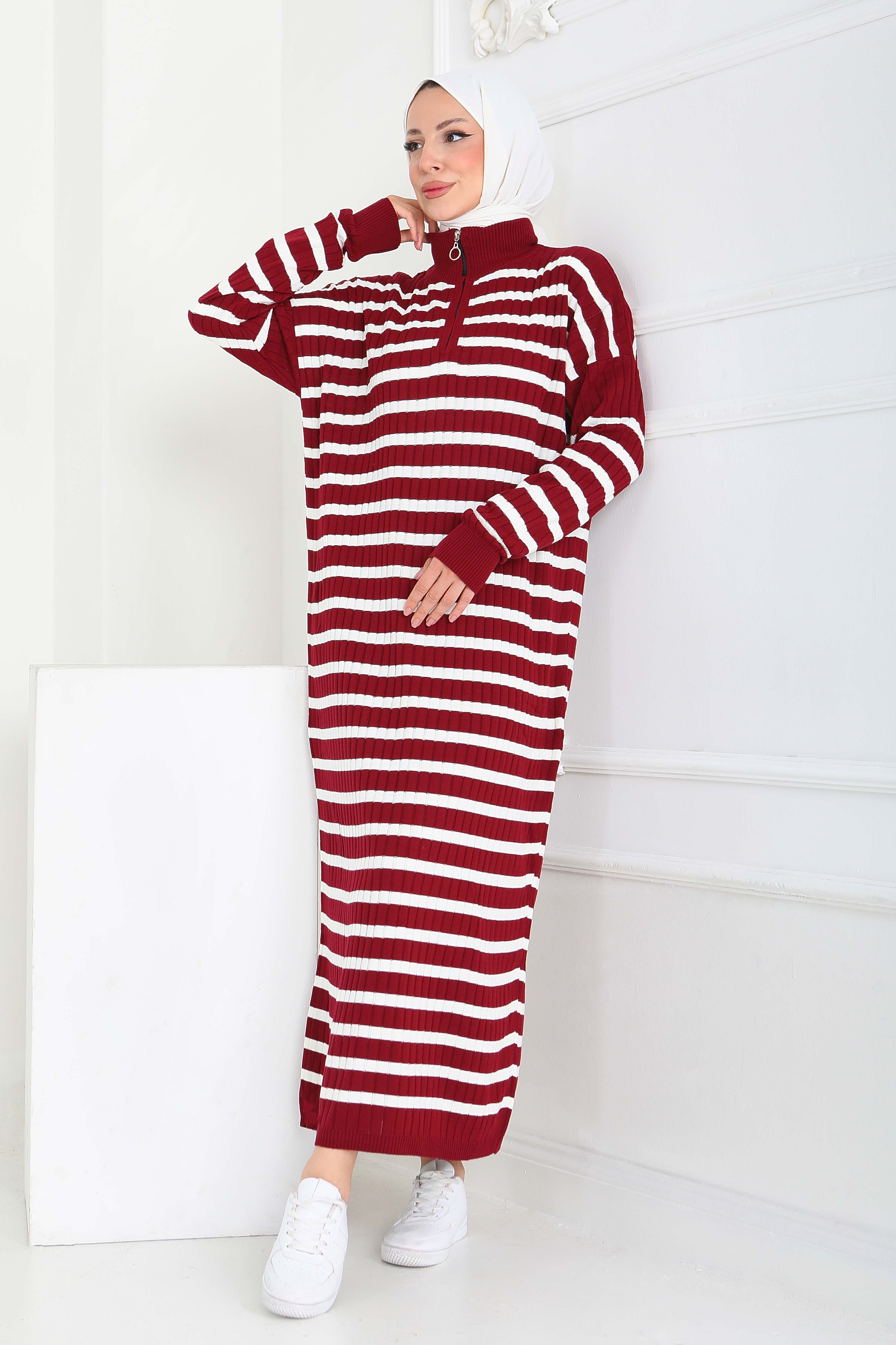 Fermuarlı Çizgili Triko Elbise - 27931-BORDO - 1