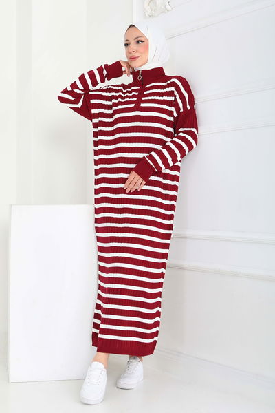 Fermuarlı Çizgili Triko Elbise - 27931-BORDO 