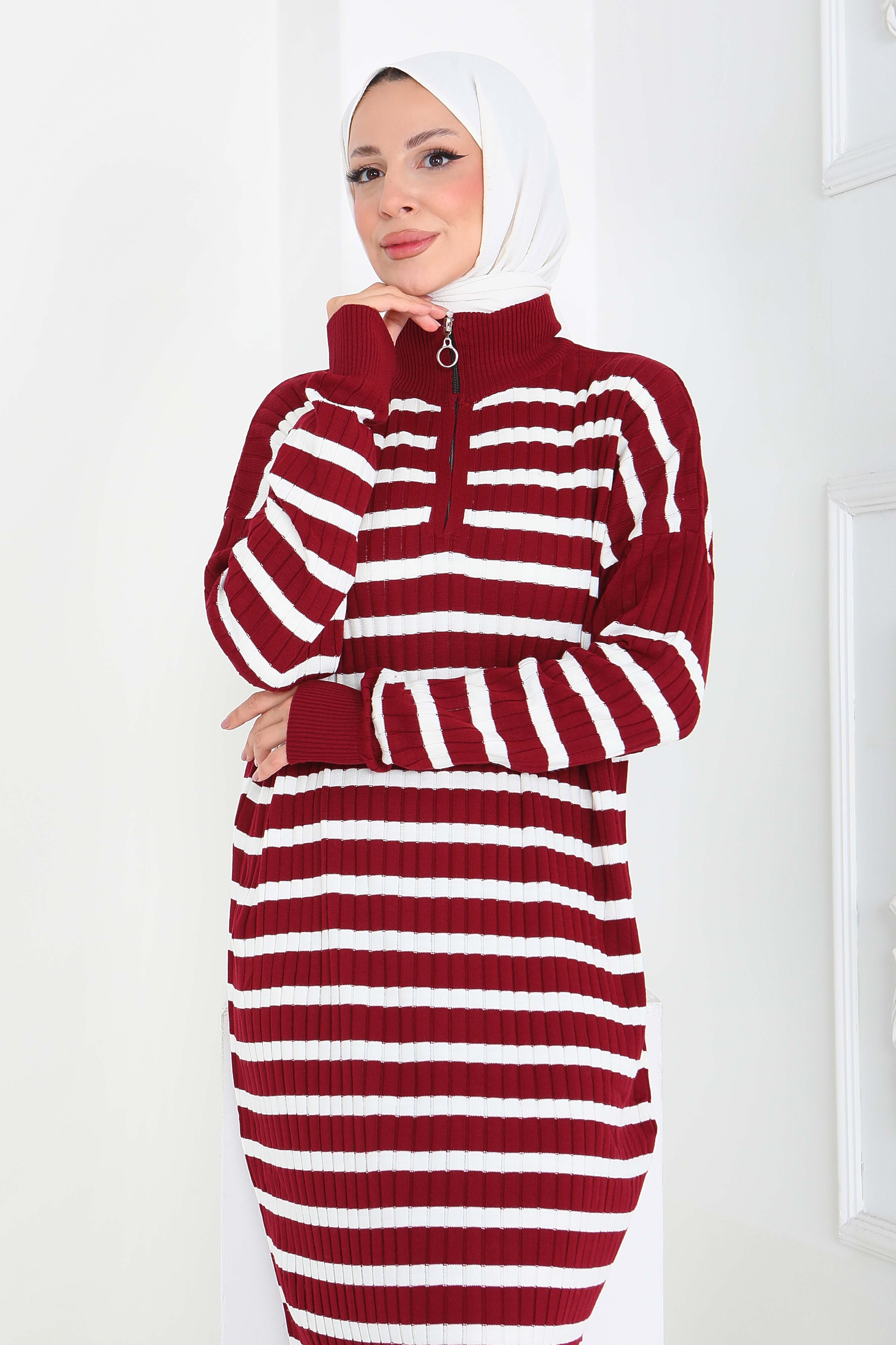Fermuarlı Çizgili Triko Elbise - 27931-BORDO - 2