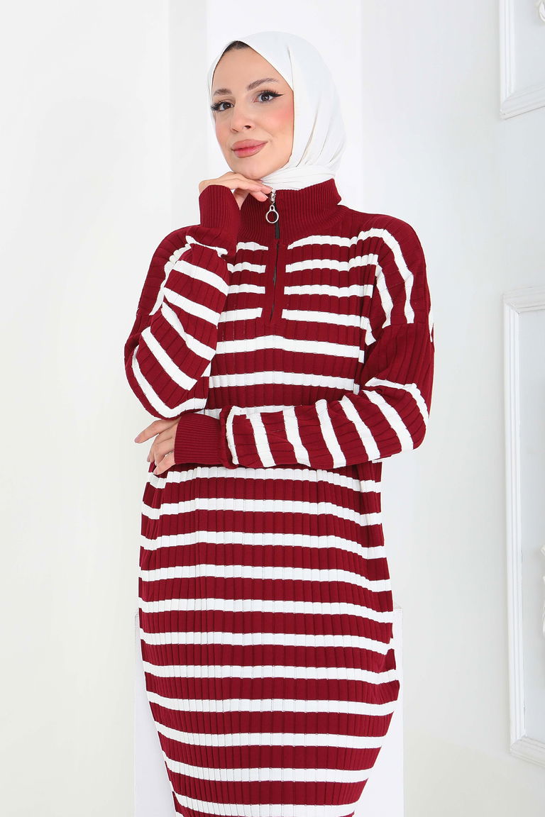 Fermuarlı Çizgili Triko Elbise - 27931-BORDO - TOFİSA