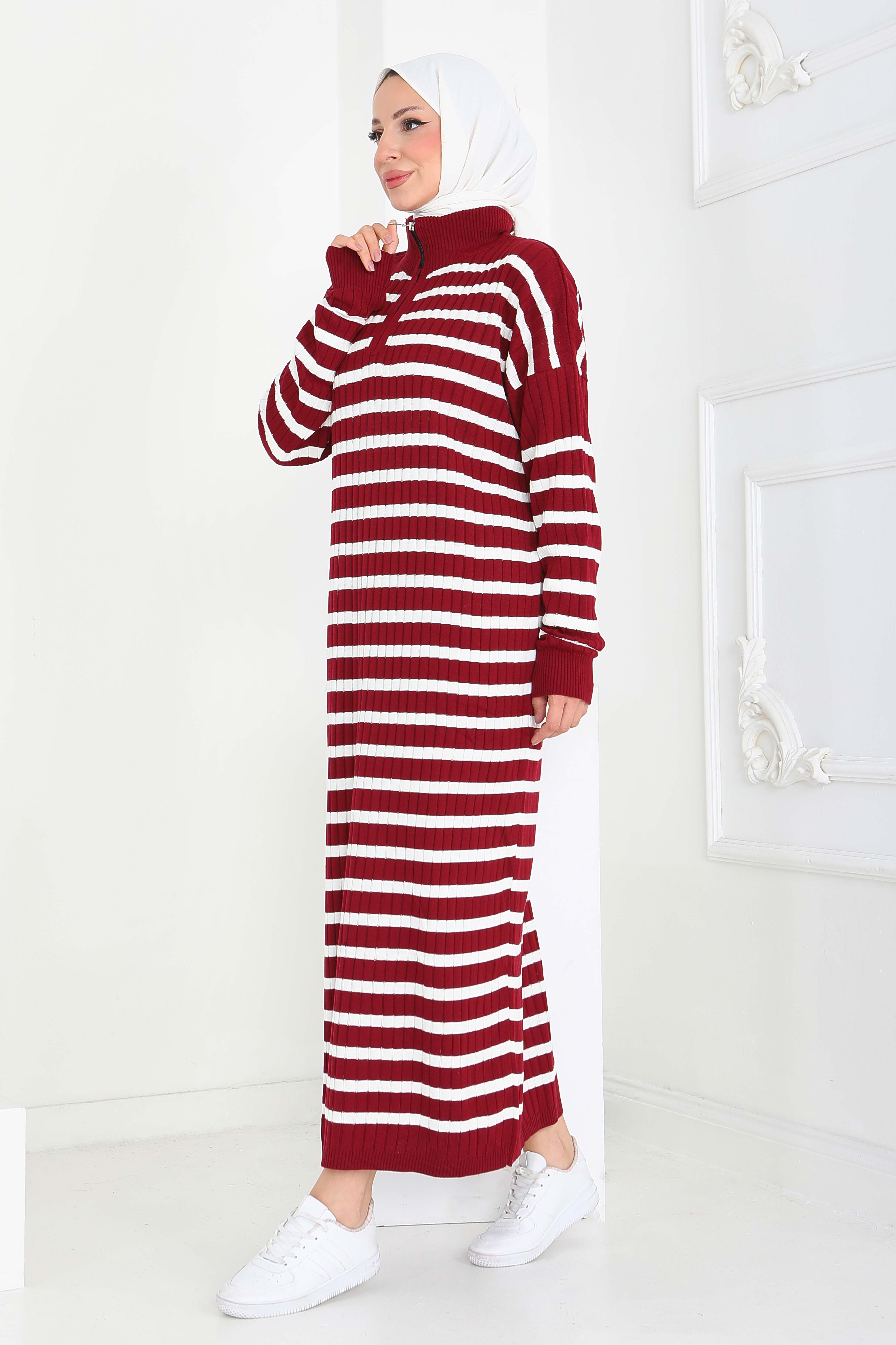 Fermuarlı Çizgili Triko Elbise - 27931-BORDO - 3