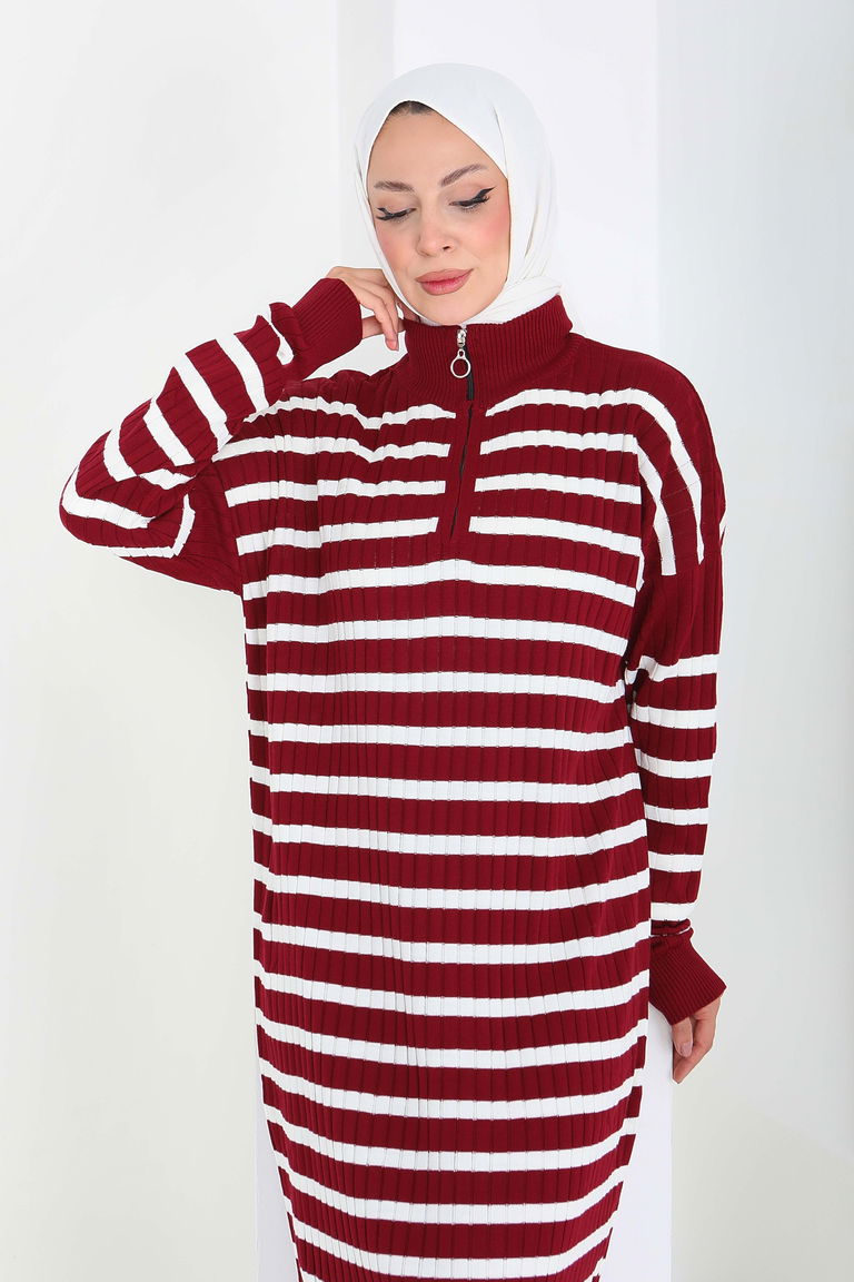 Fermuarlı Çizgili Triko Elbise - 27931-BORDO - TOFİSA