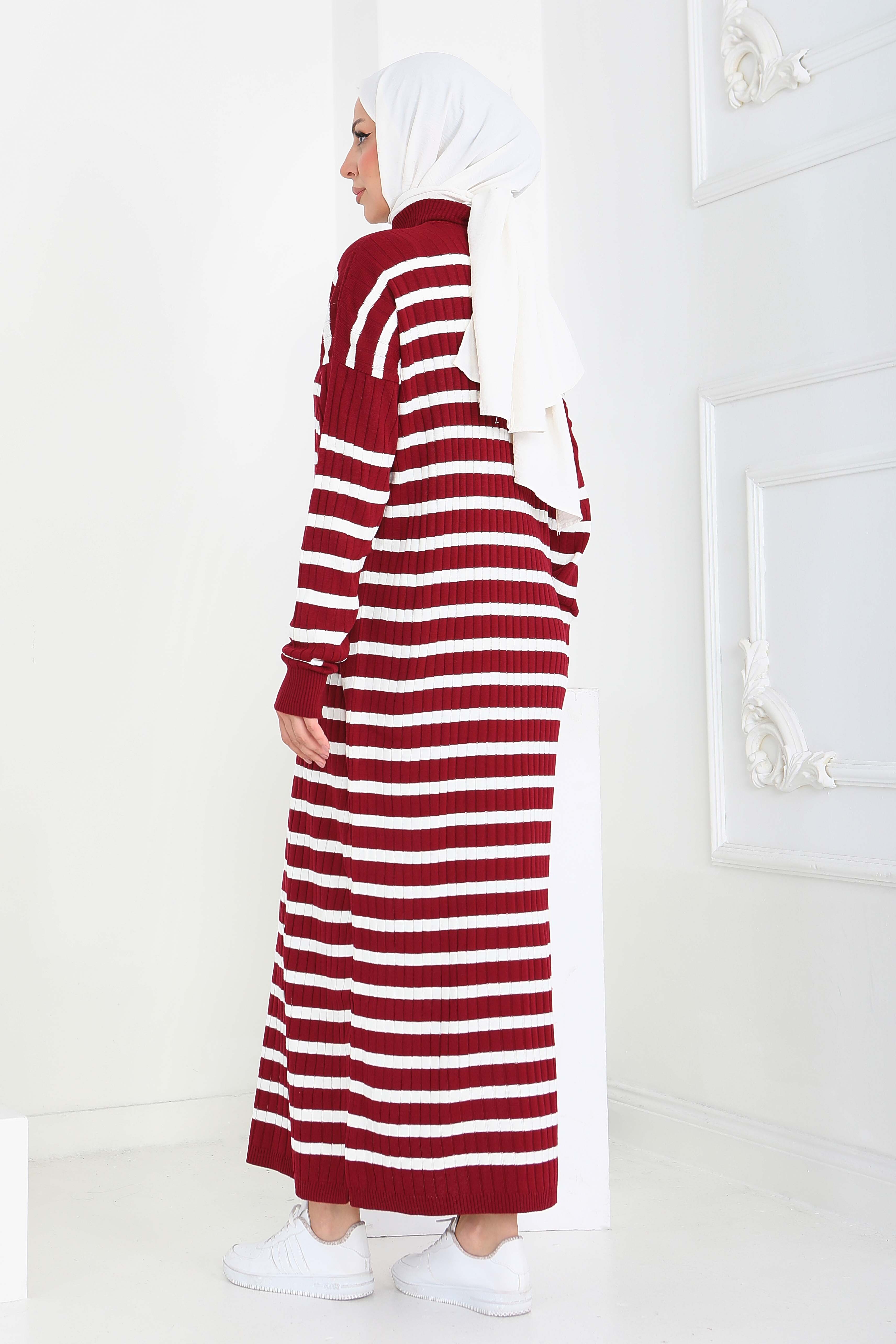 Fermuarlı Çizgili Triko Elbise - 27931-BORDO - 5